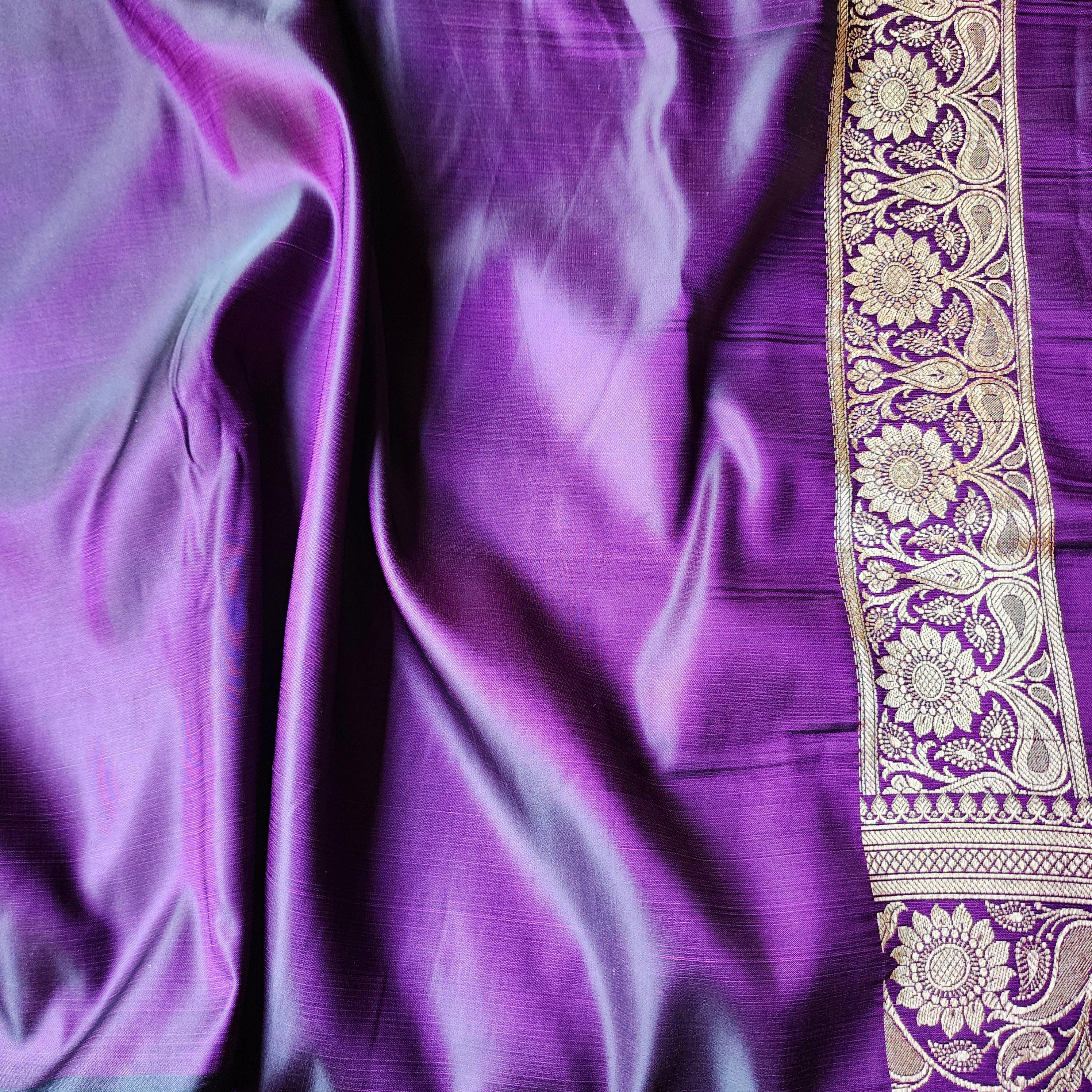 Plum Purple Pure Banarasi Katan Silk Saree with light Gold Zari Weaving