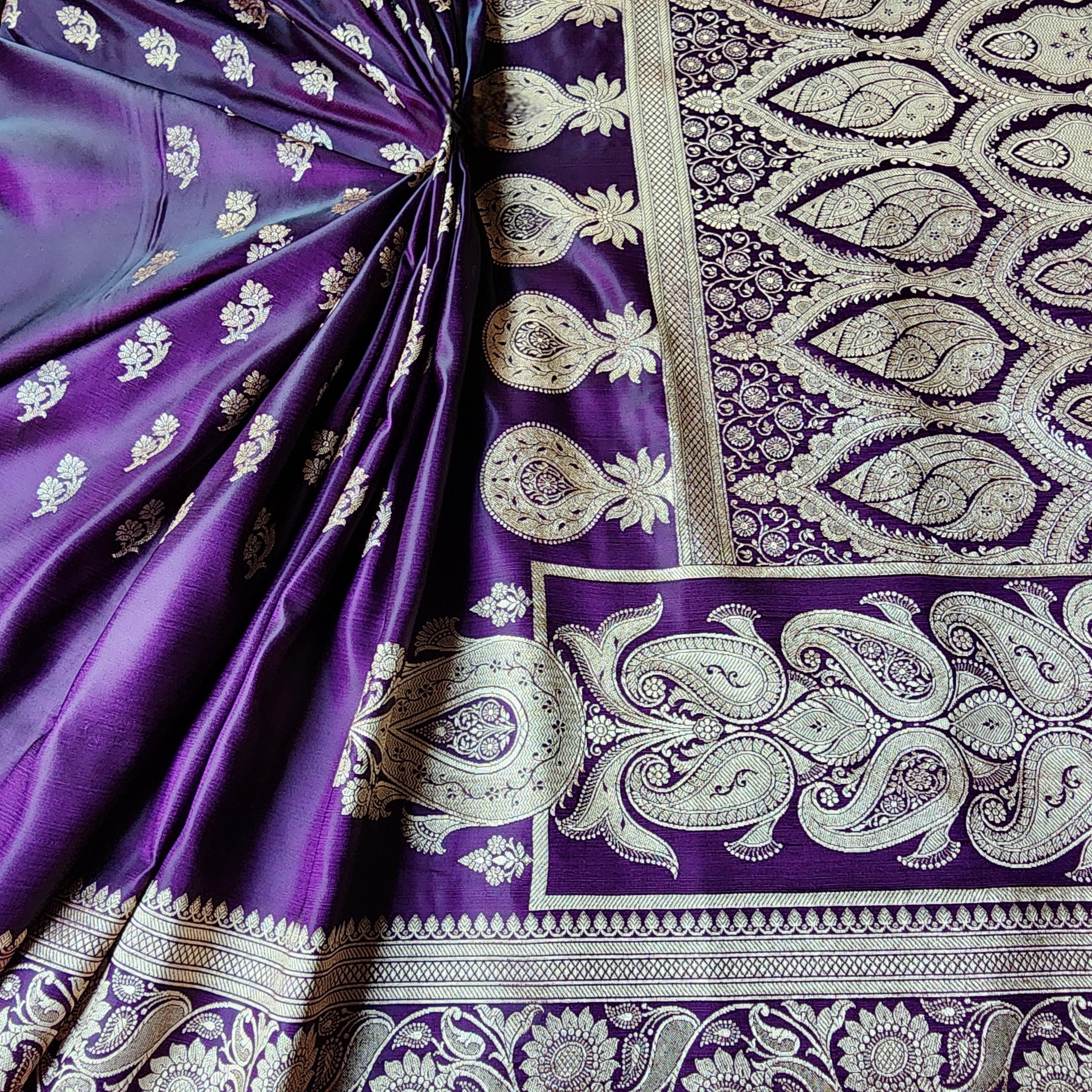 Plum Purple Pure Banarasi Katan Silk Saree with light Gold Zari Weaving