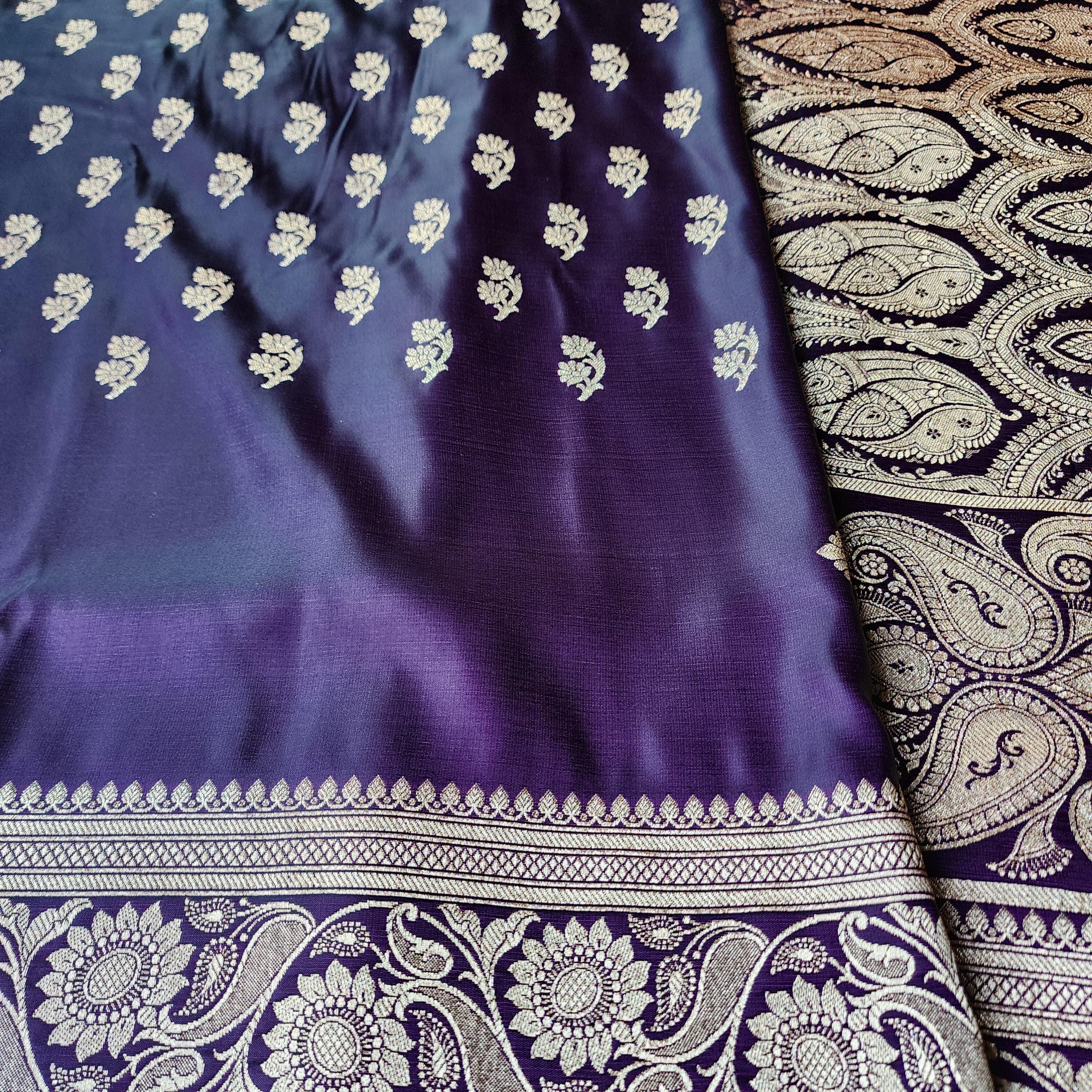 Plum Purple Pure Banarasi Katan Silk Saree with light Gold Zari Weaving