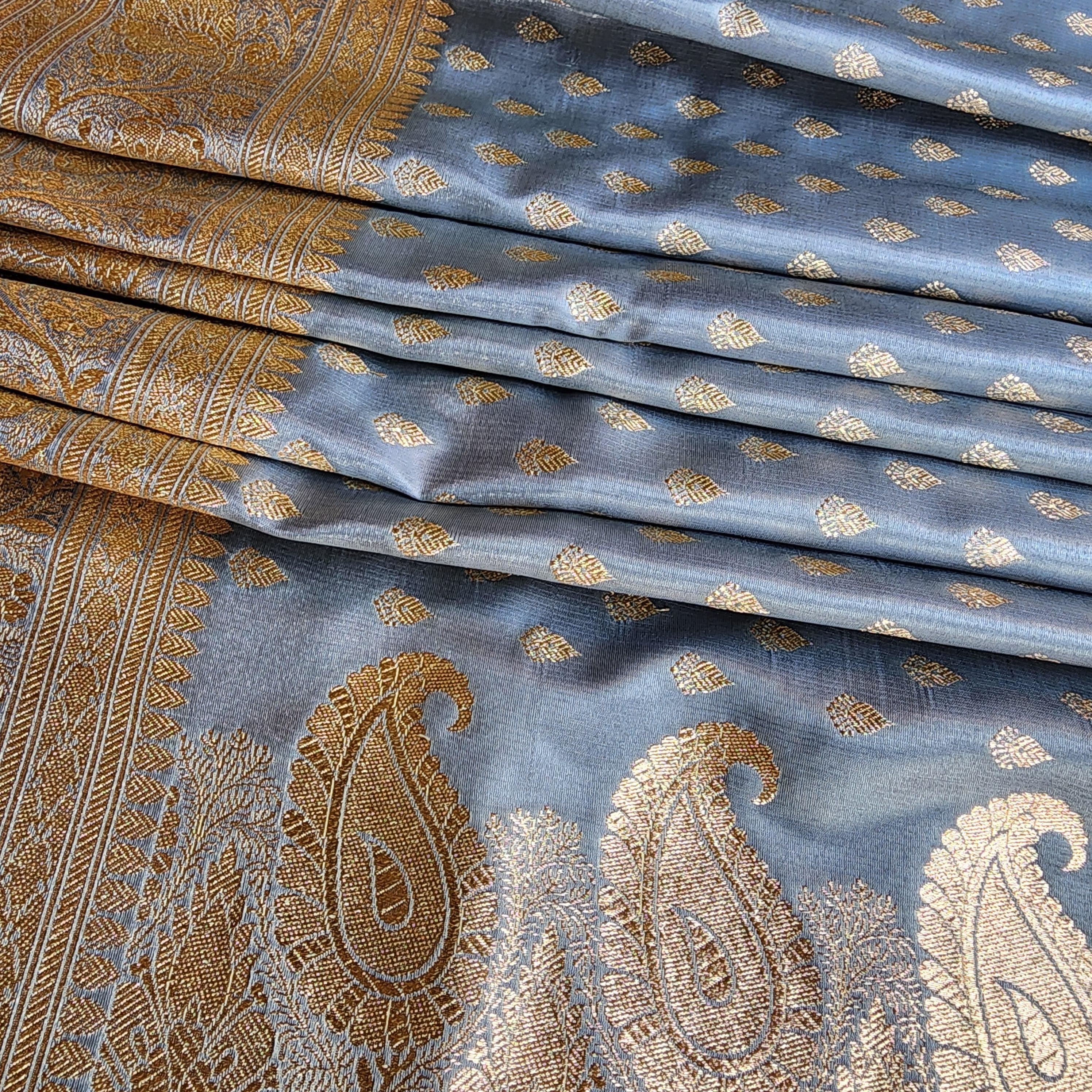 Rich Silver Blue Banarasi Silk Saree with Gold Zari Weaving