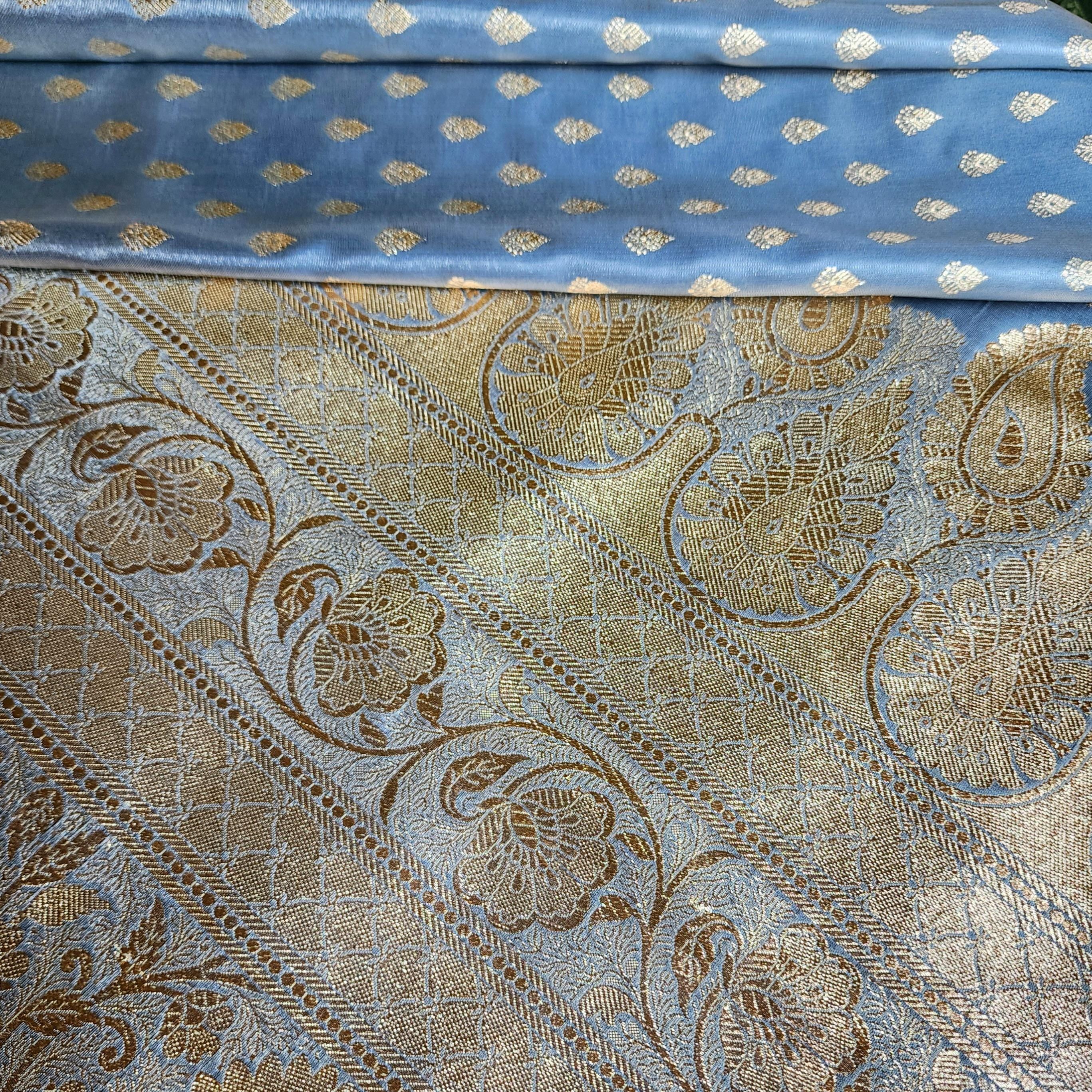 Rich Greyish Blue Banarasi Silk Saree with Gold Zari Weaving