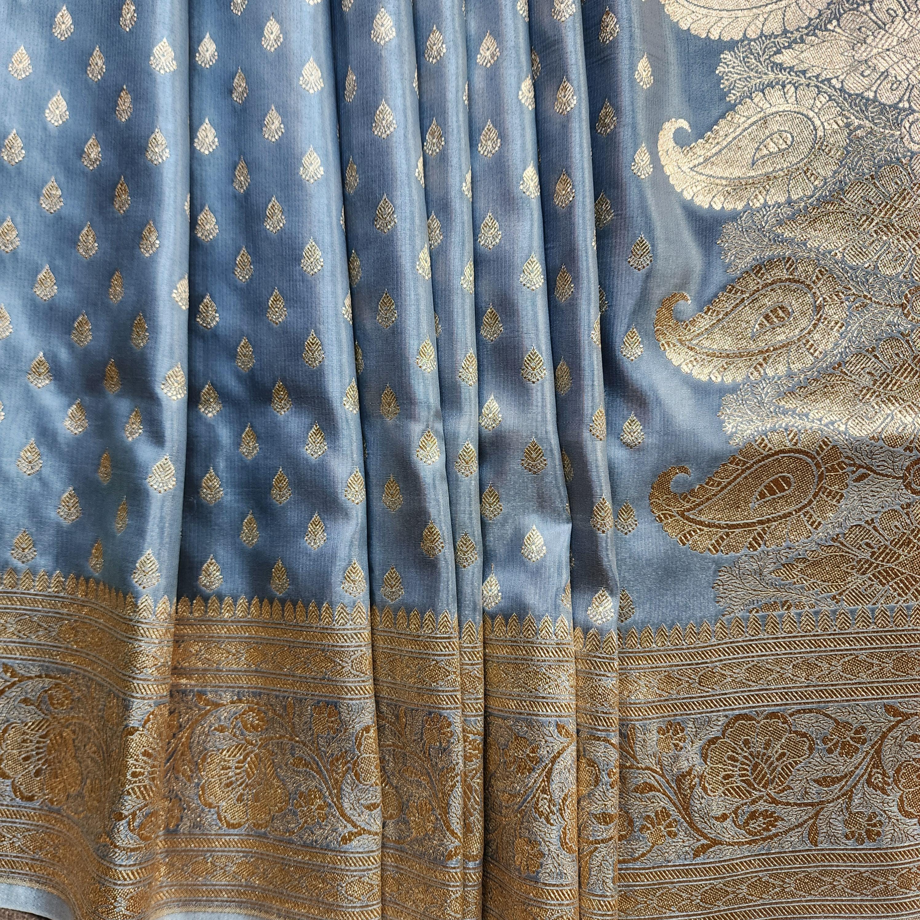 Rich Silver Blue Banarasi Silk Saree with Gold Zari Weaving