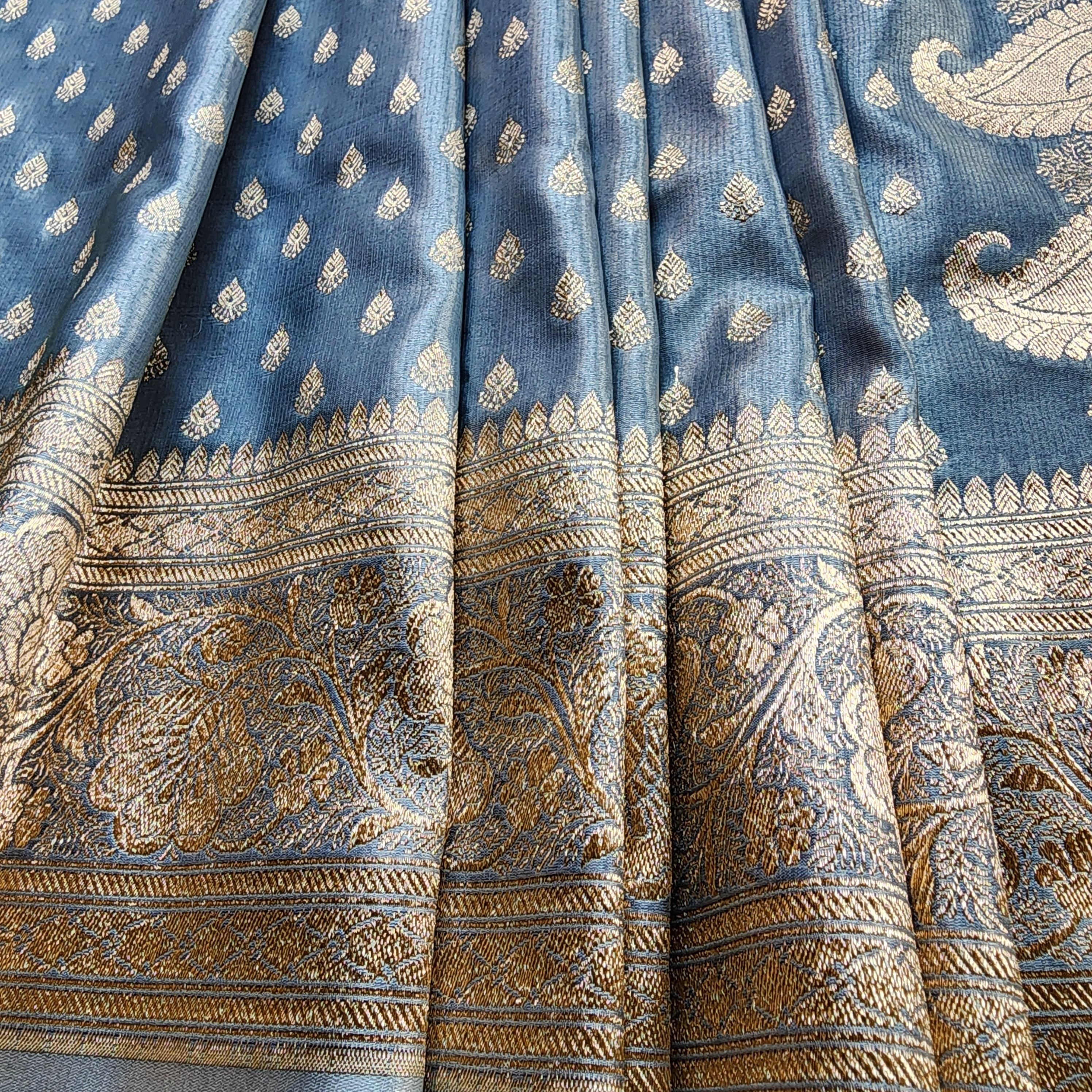 Rich Greyish Blue Banarasi Silk Saree with Gold Zari Weaving