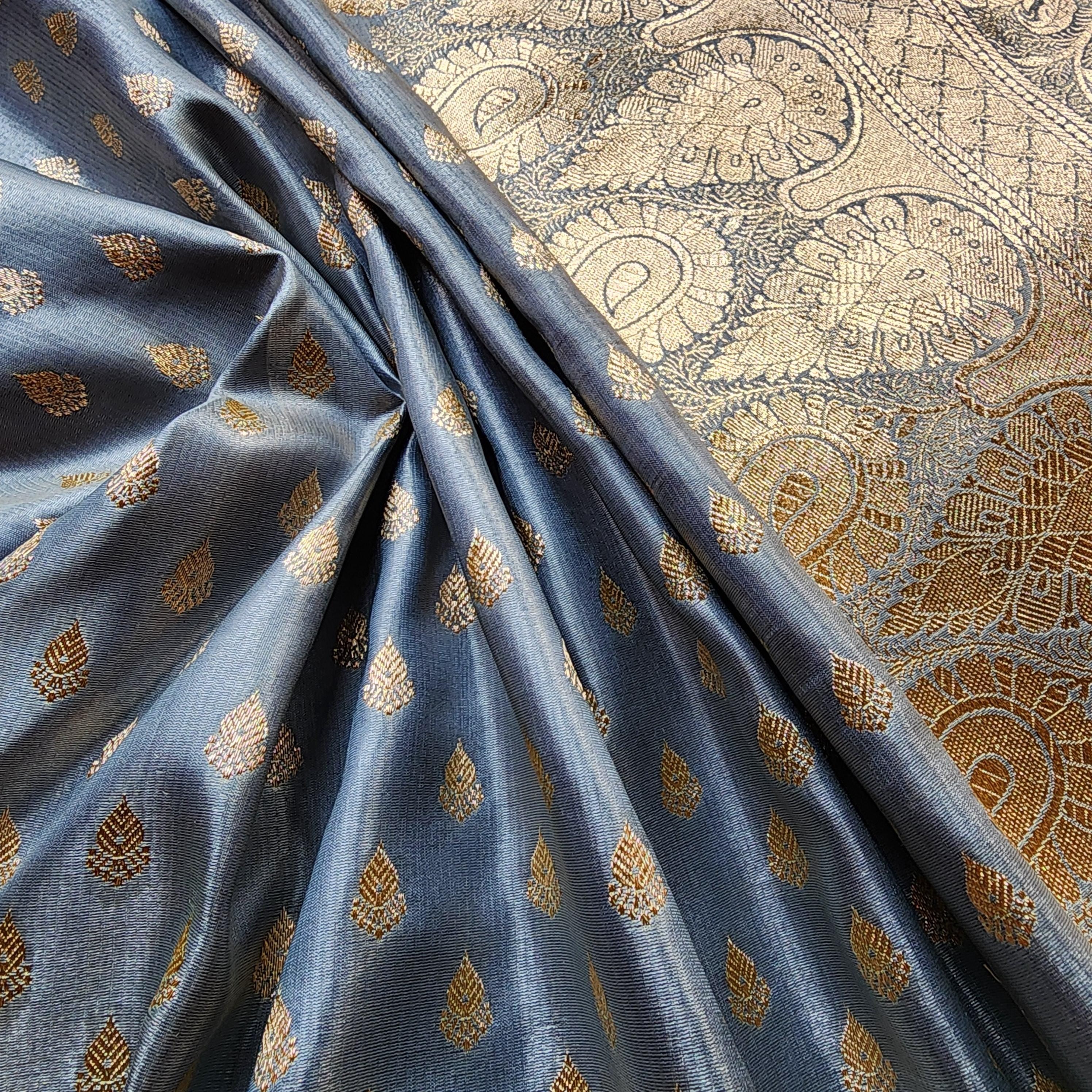 Rich Greyish Blue Banarasi Silk Saree with Gold Zari Weaving