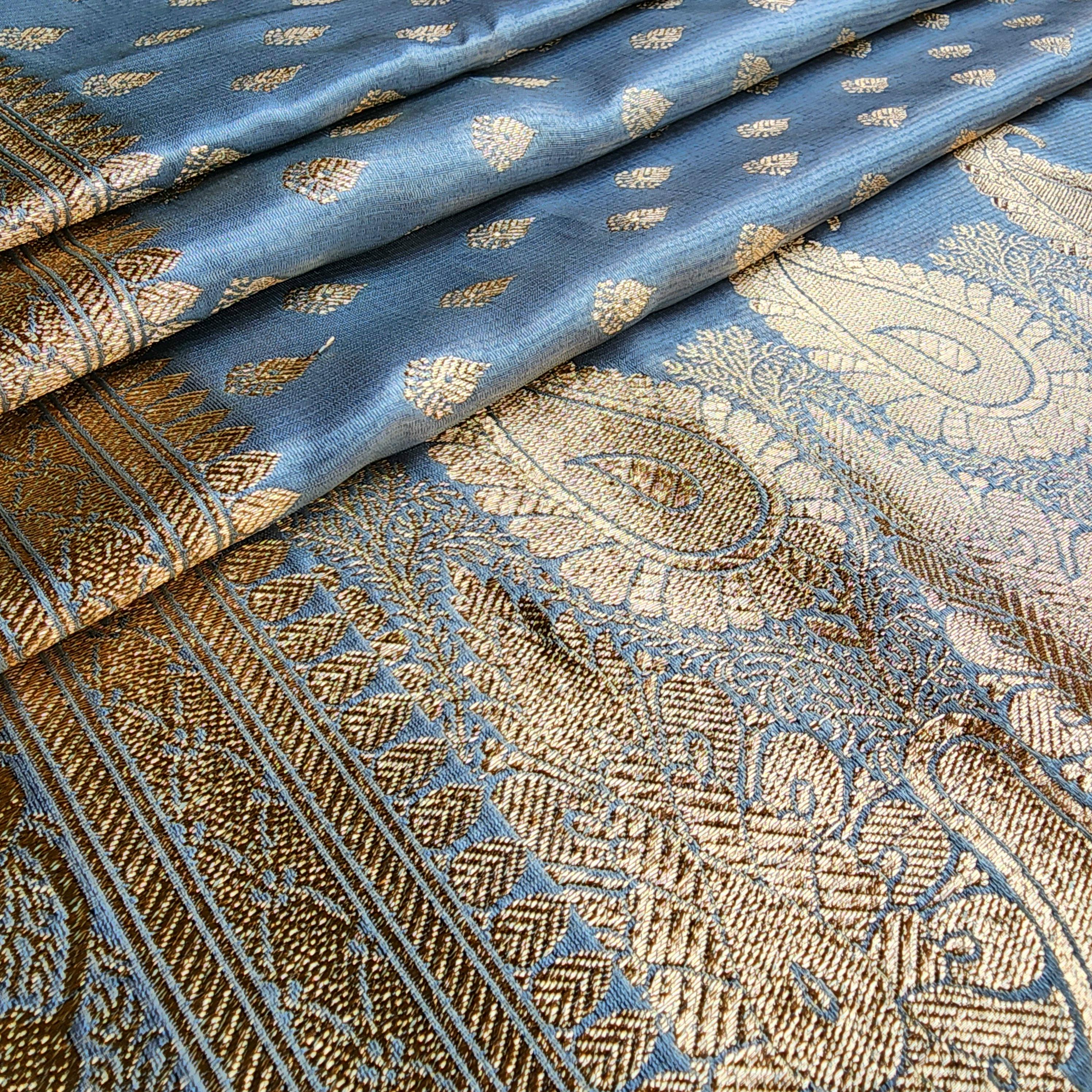 Rich Silver Blue Banarasi Silk Saree with Gold Zari Weaving