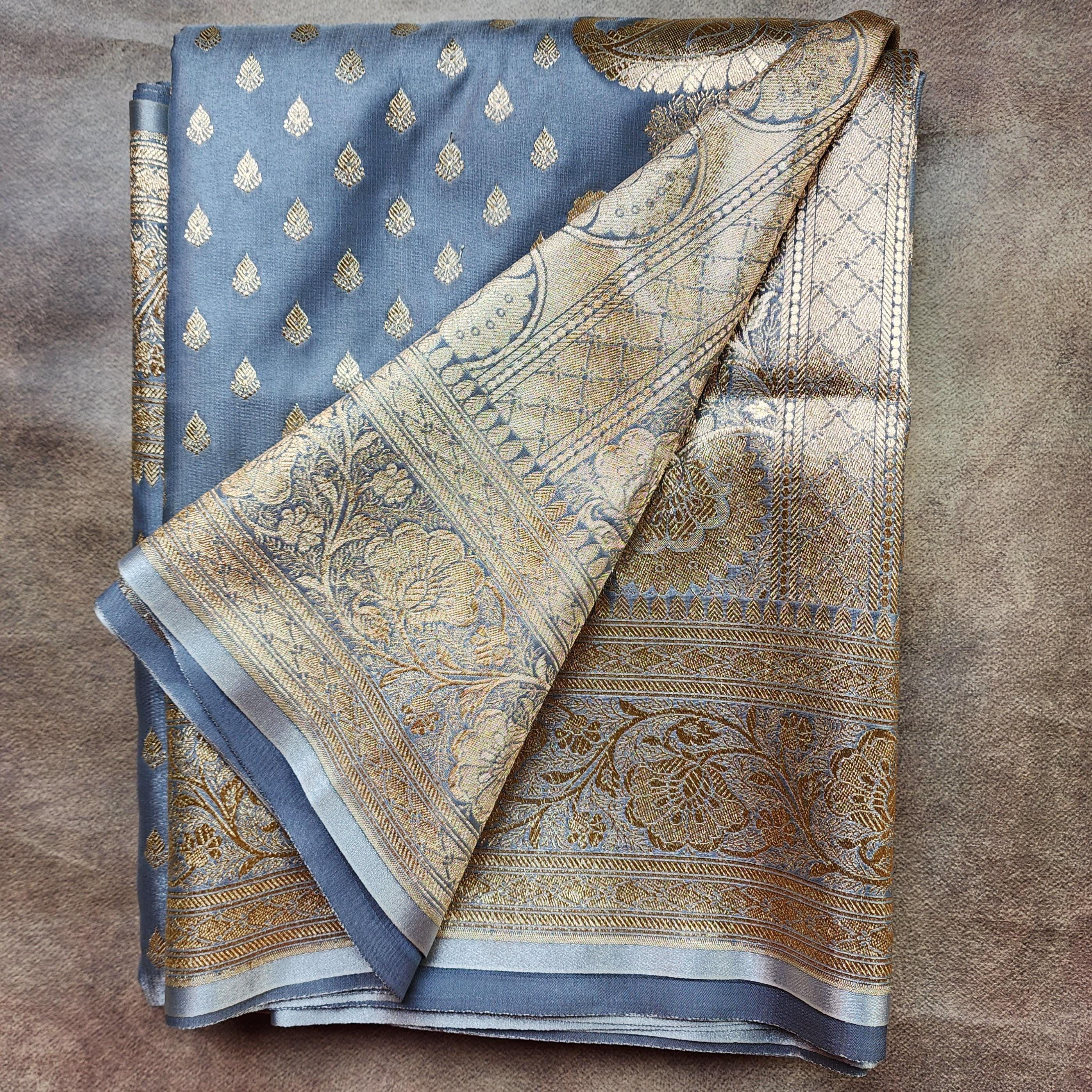 Rich Silver Blue Banarasi Silk Saree with Gold Zari Weaving