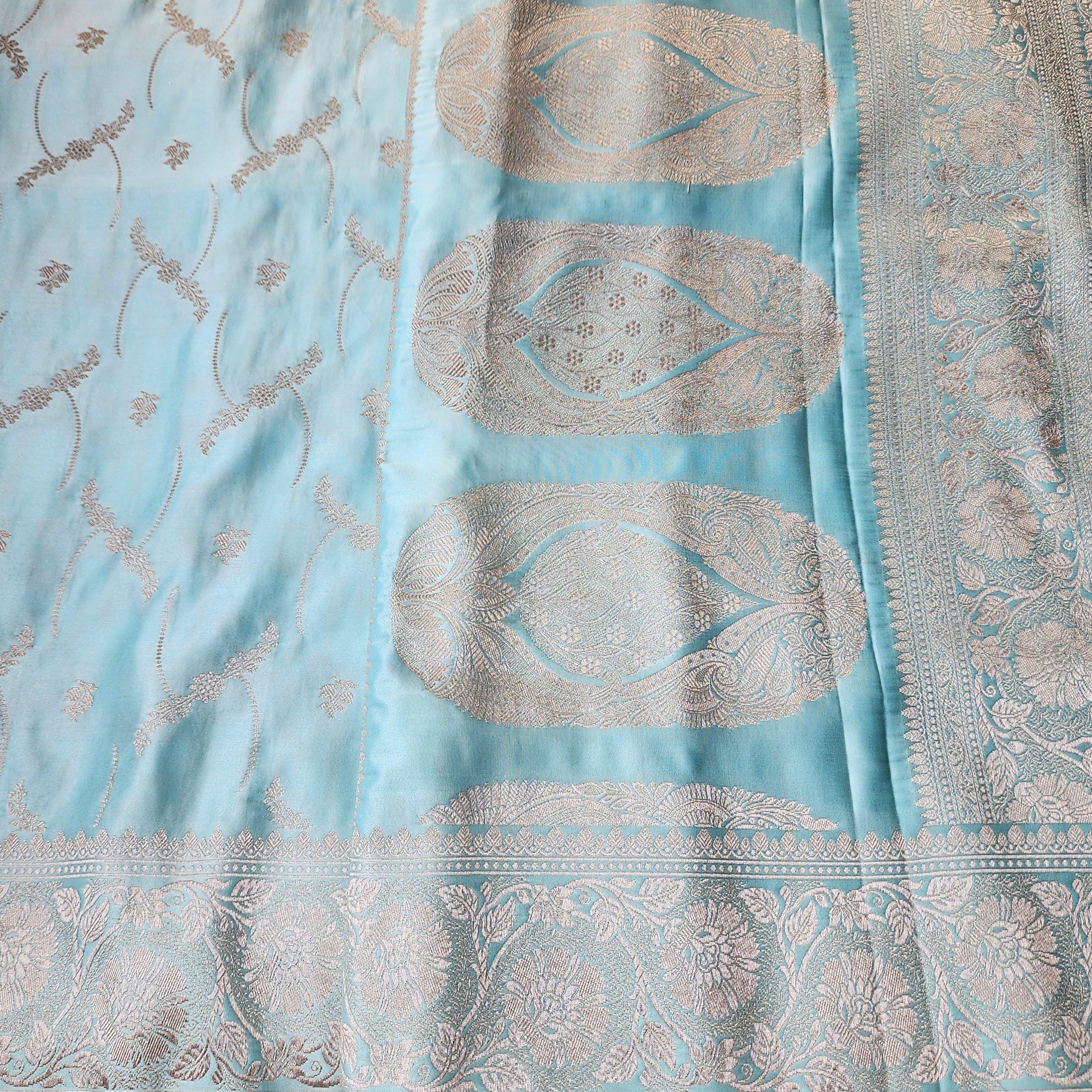 Rich Sky Blue Banarasi Katan Silk Saree | Light Gold Zari weaving
