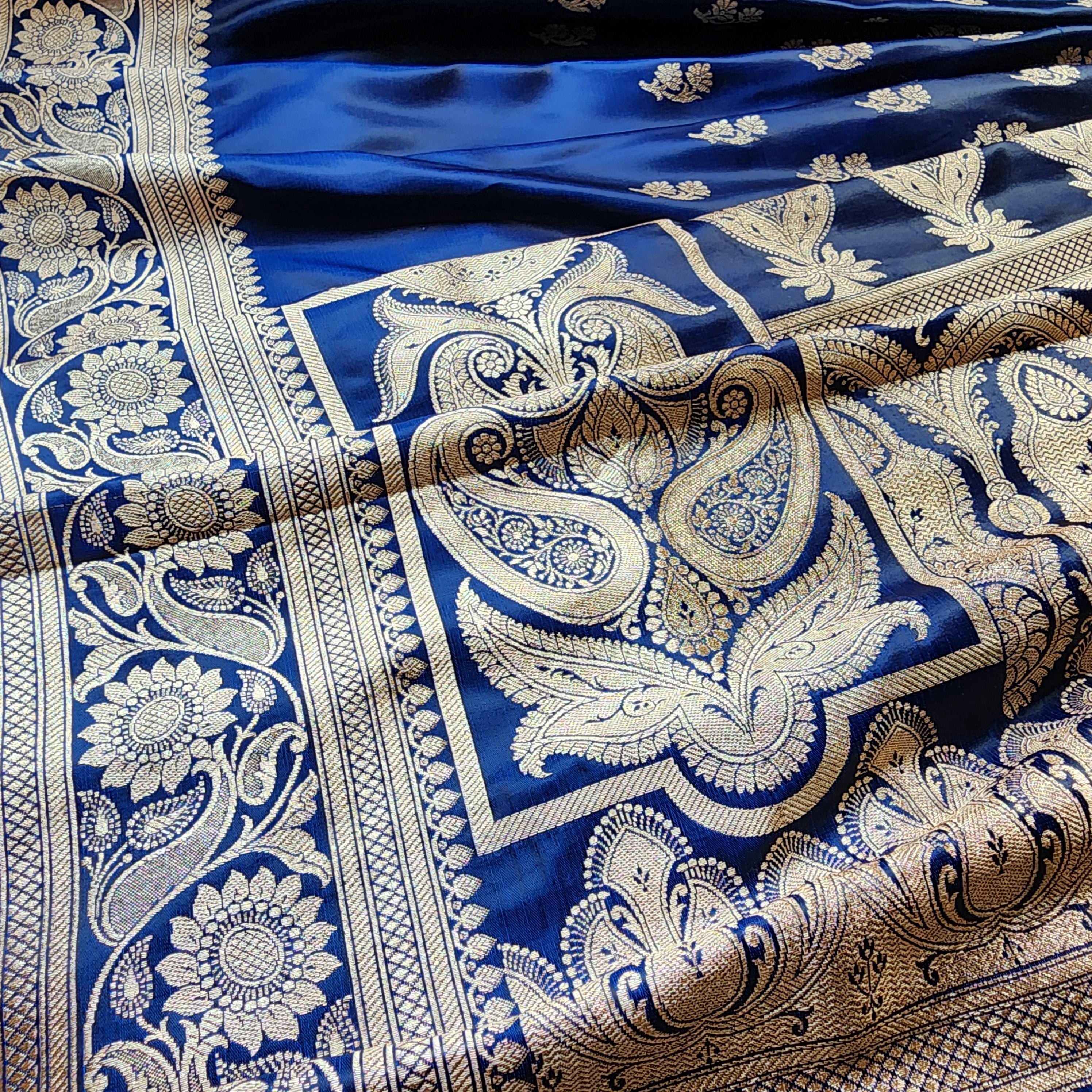 Rich Royal Blue Pure Banarasi Katan Silk Saree with light Gold Zari Weaving