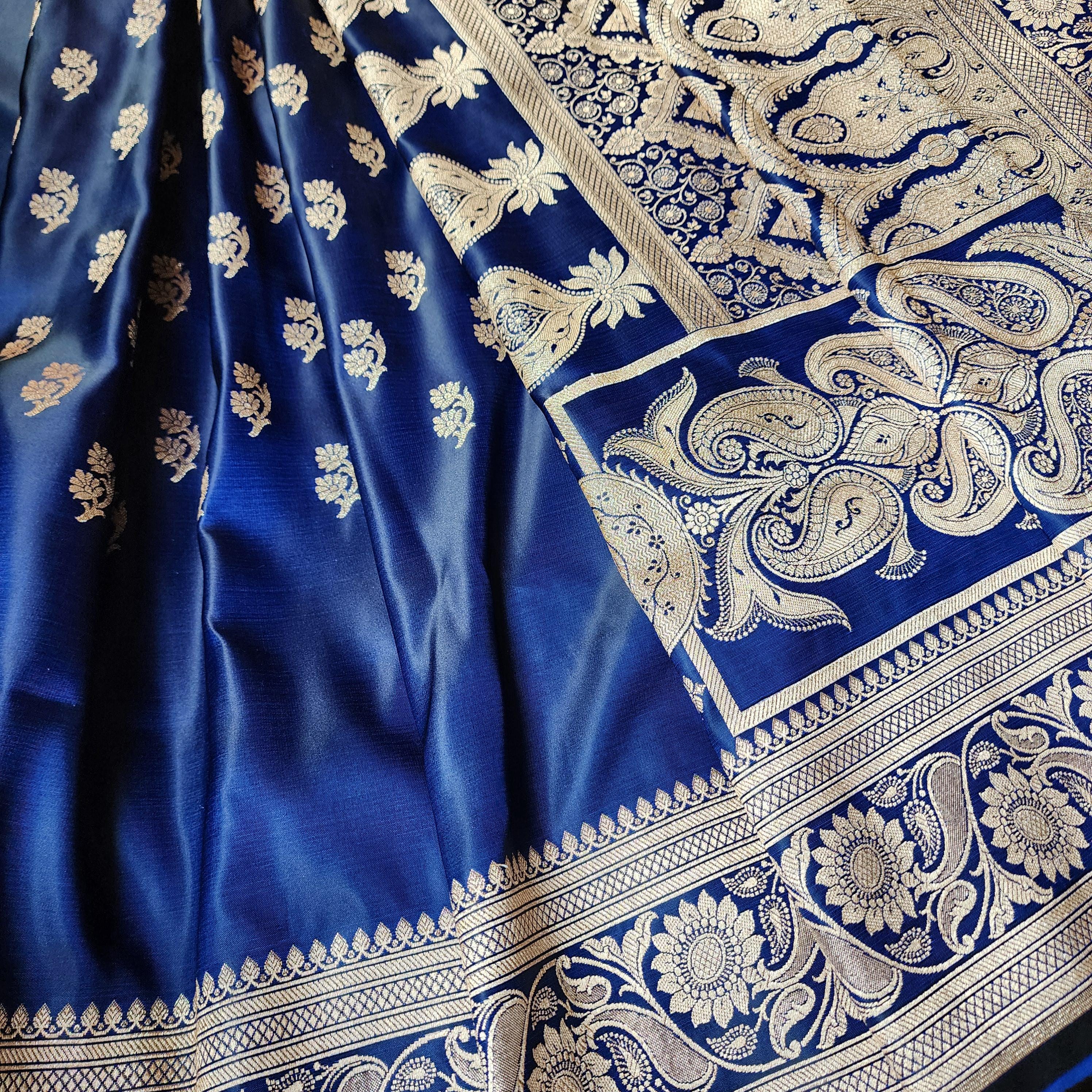 Rich Royal Blue Pure Banarasi Katan Silk Saree with light Gold Zari Weaving