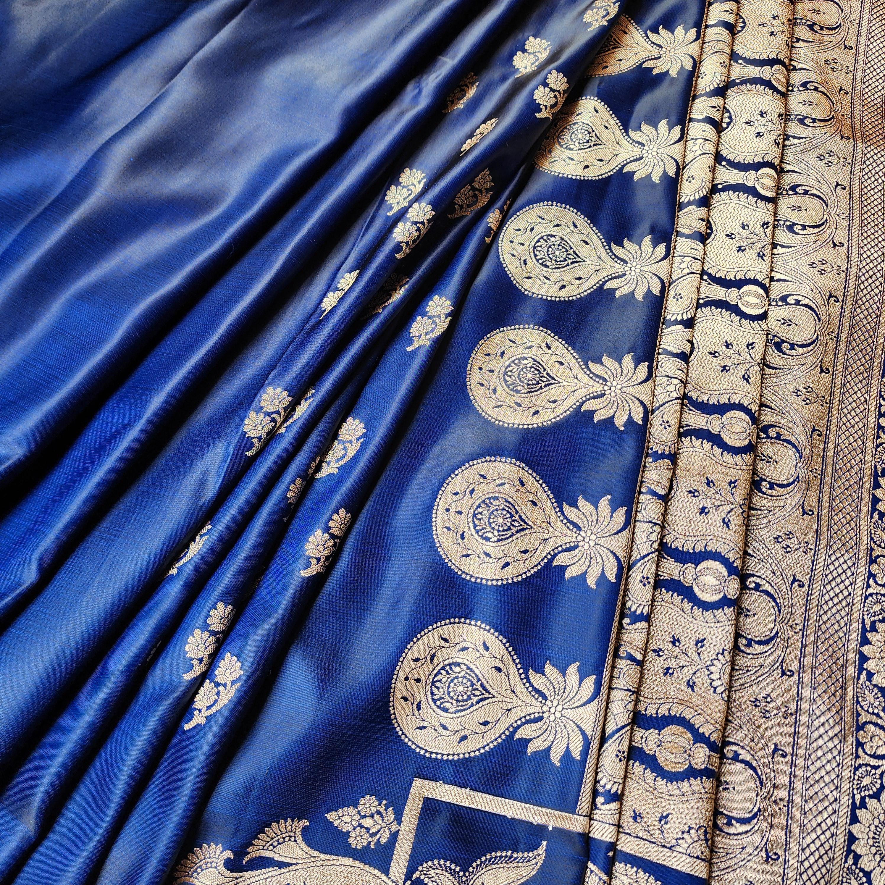 Rich Royal Blue Pure Banarasi Katan Silk Saree with light Gold Zari Weaving