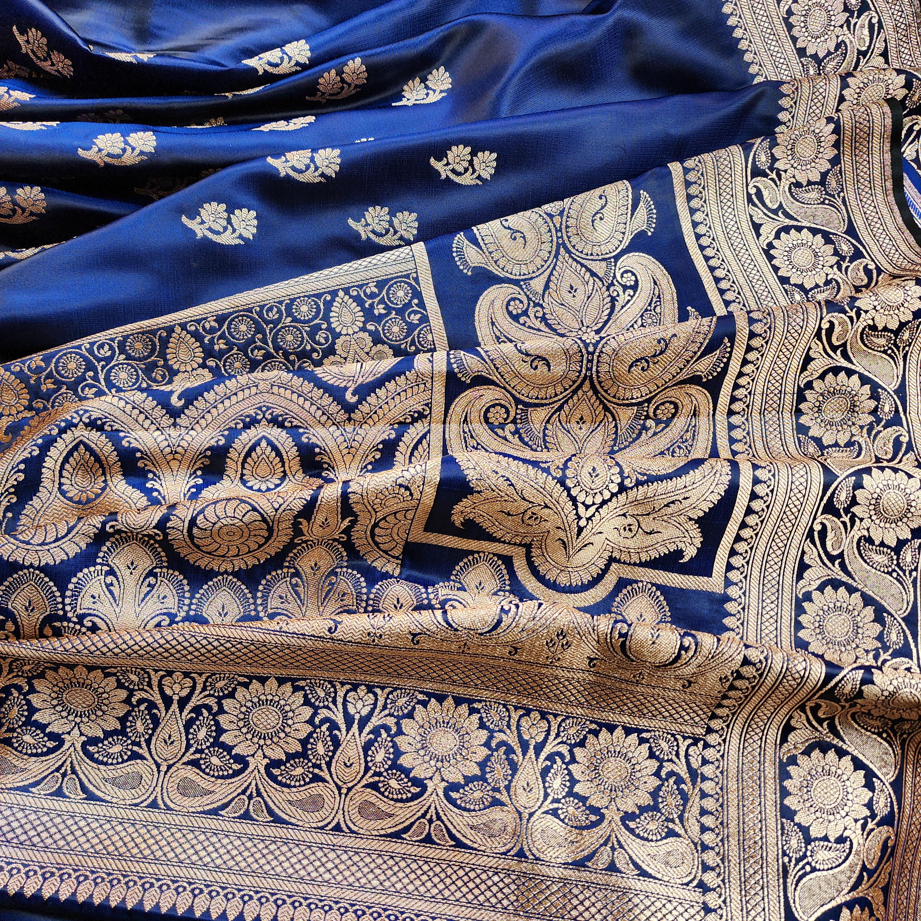 Rich Royal Blue Pure Banarasi Katan Silk Saree with light Gold Zari Weaving