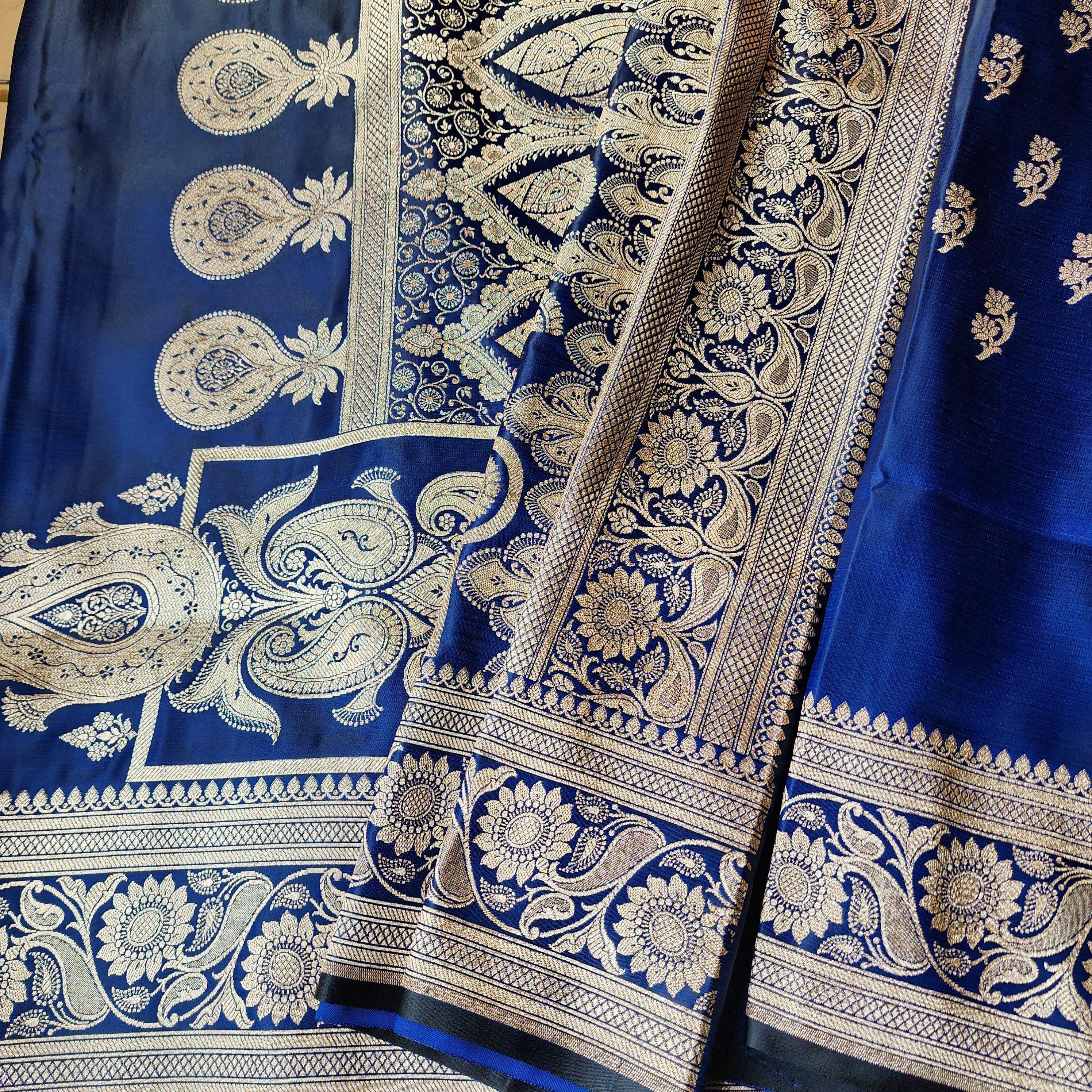 Rich Royal Blue Pure Banarasi Katan Silk Saree with light Gold Zari Weaving