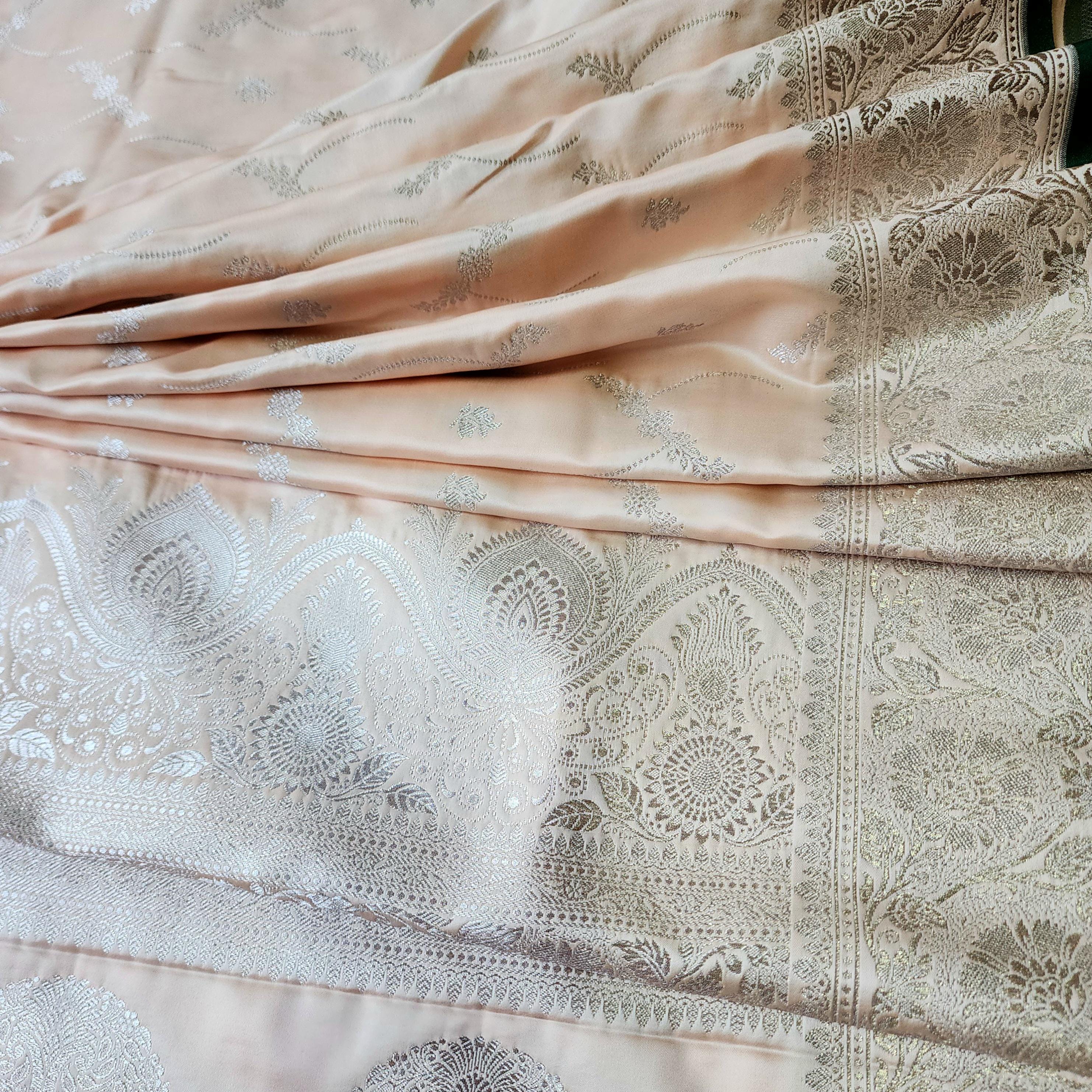 Peach Pure Banarasi Katan Silk Saree with light Gold Zari Weaving