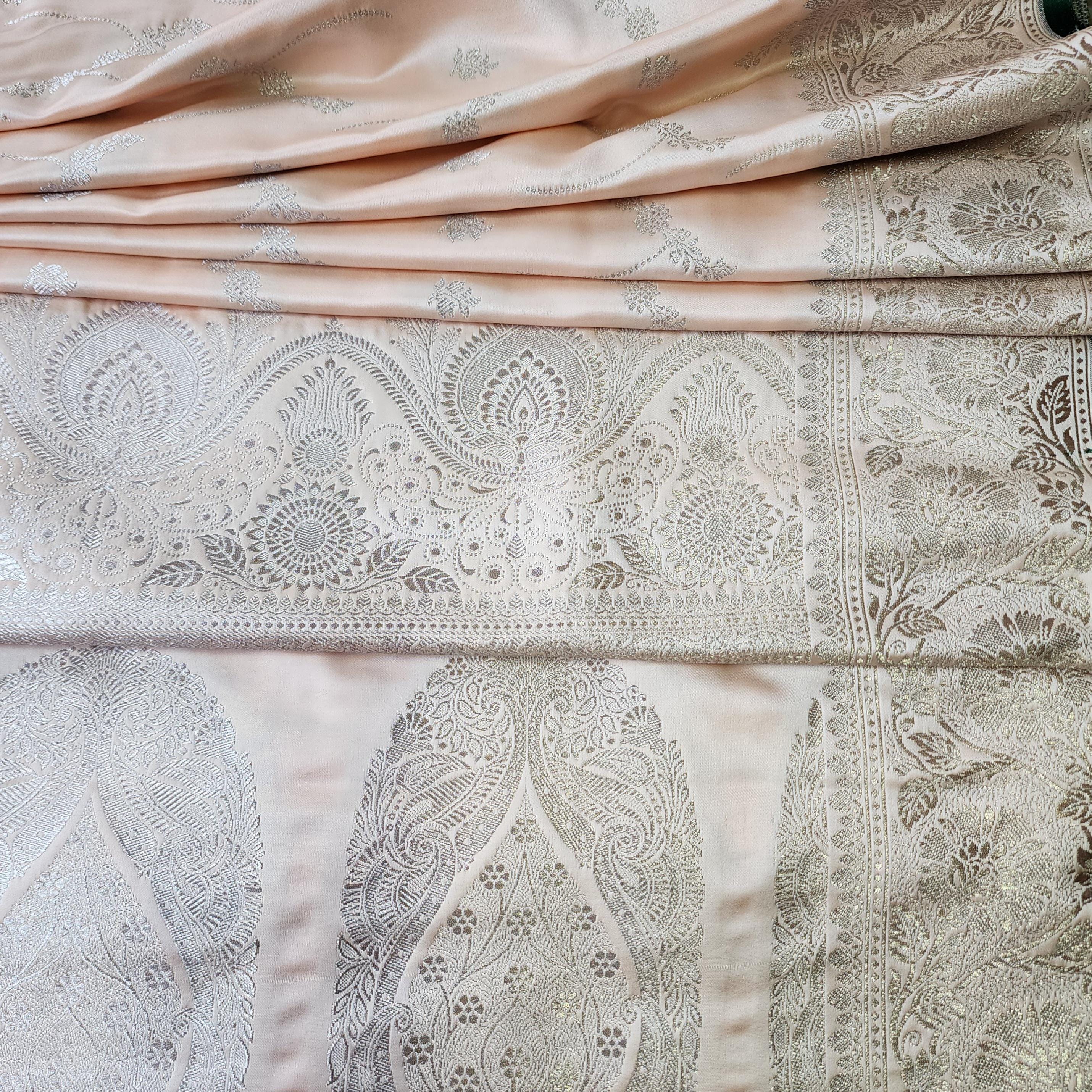 Peach Pure Banarasi Katan Silk Saree with light Gold Zari Weaving