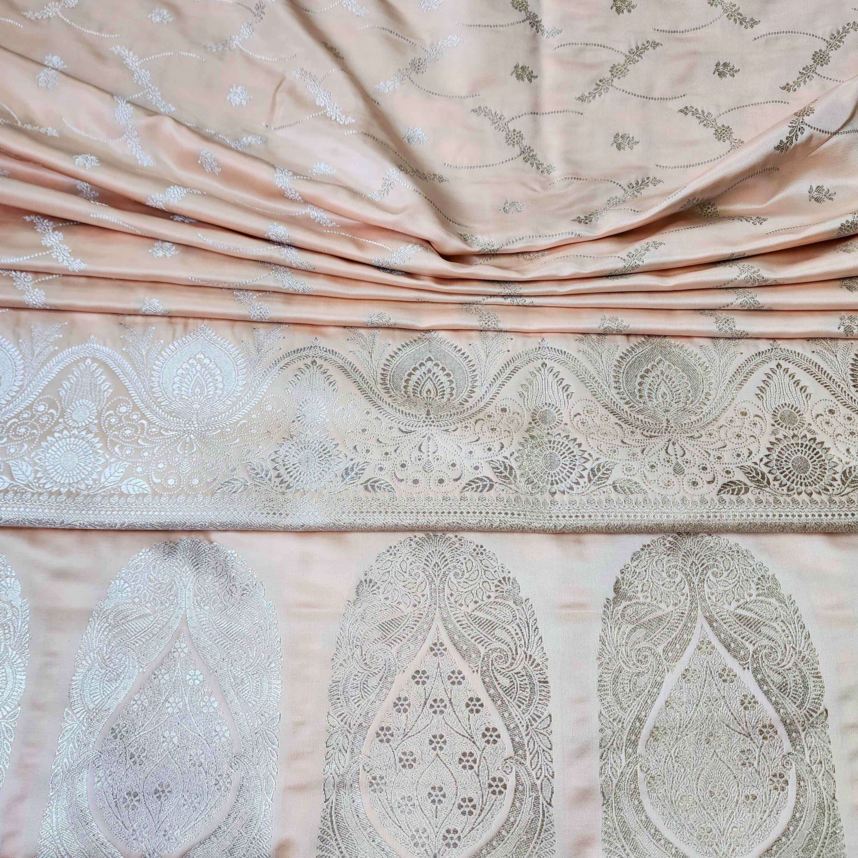 Peach Pure Banarasi Katan Silk Saree with light Gold Zari Weaving