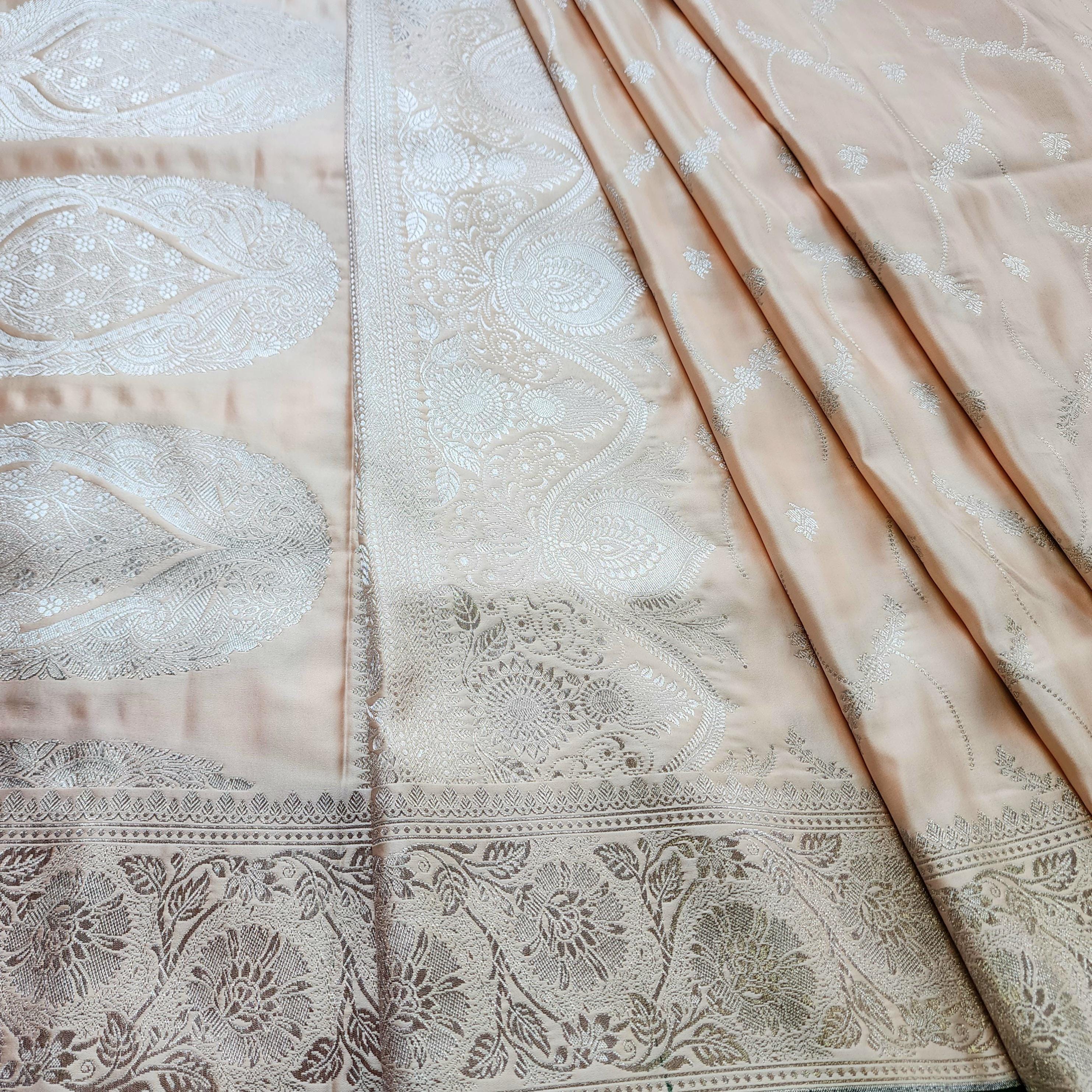Peach Pure Banarasi Katan Silk Saree with light Gold Zari Weaving