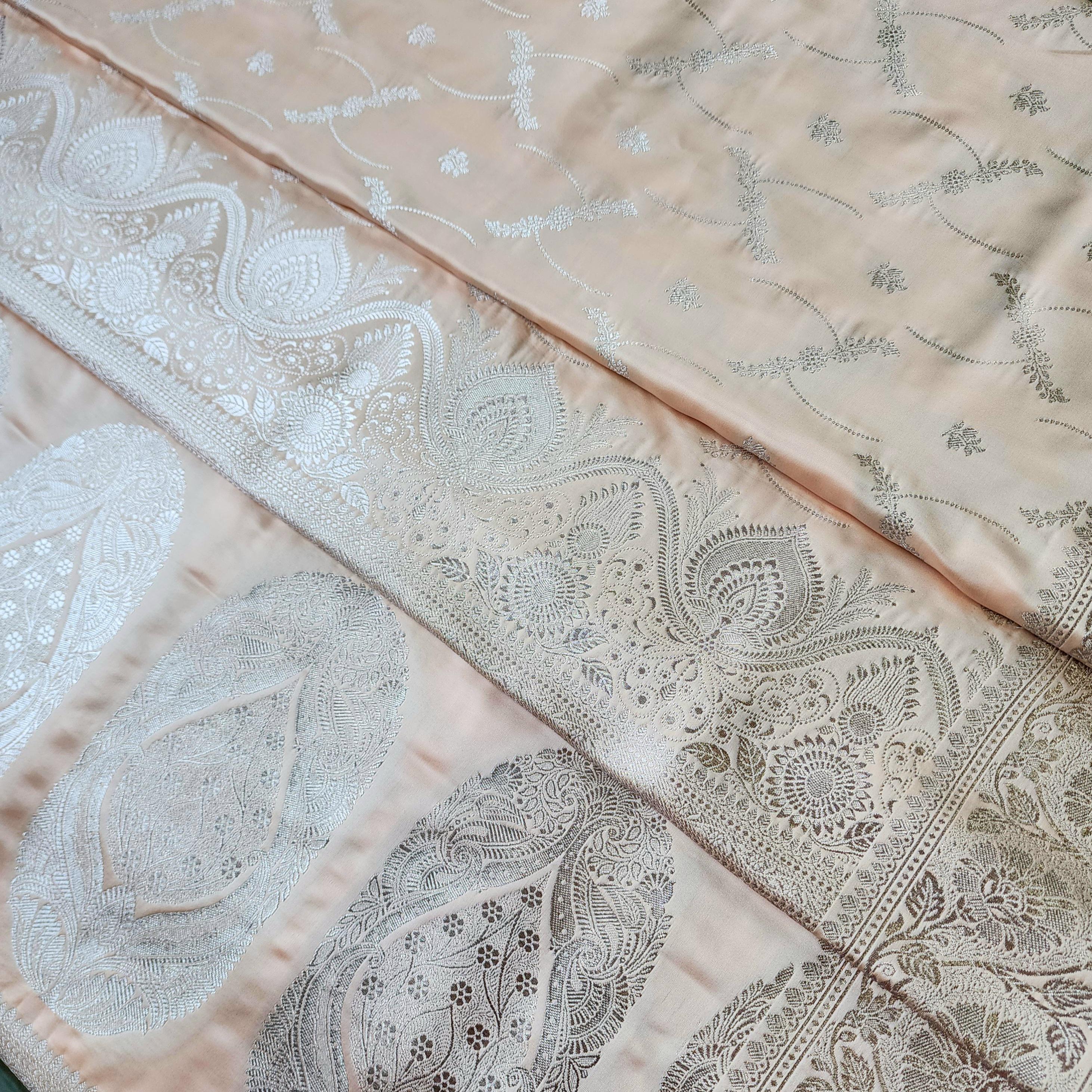 Peach Pure Banarasi Katan Silk Saree with light Gold Zari Weaving