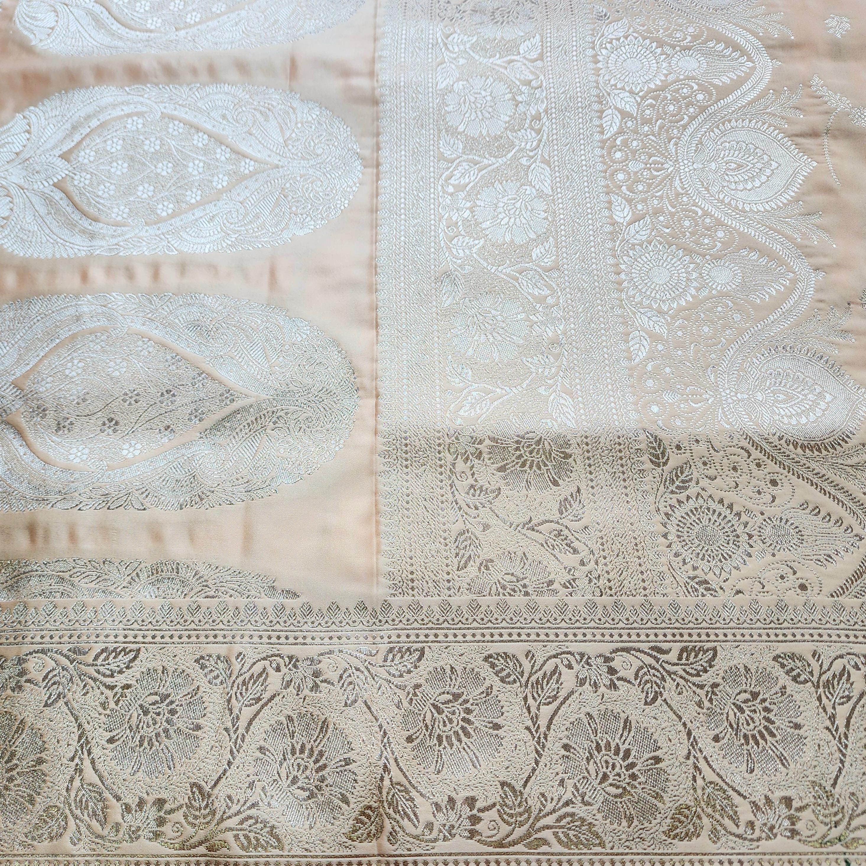 Peach Pure Banarasi Katan Silk Saree with light Gold Zari Weaving