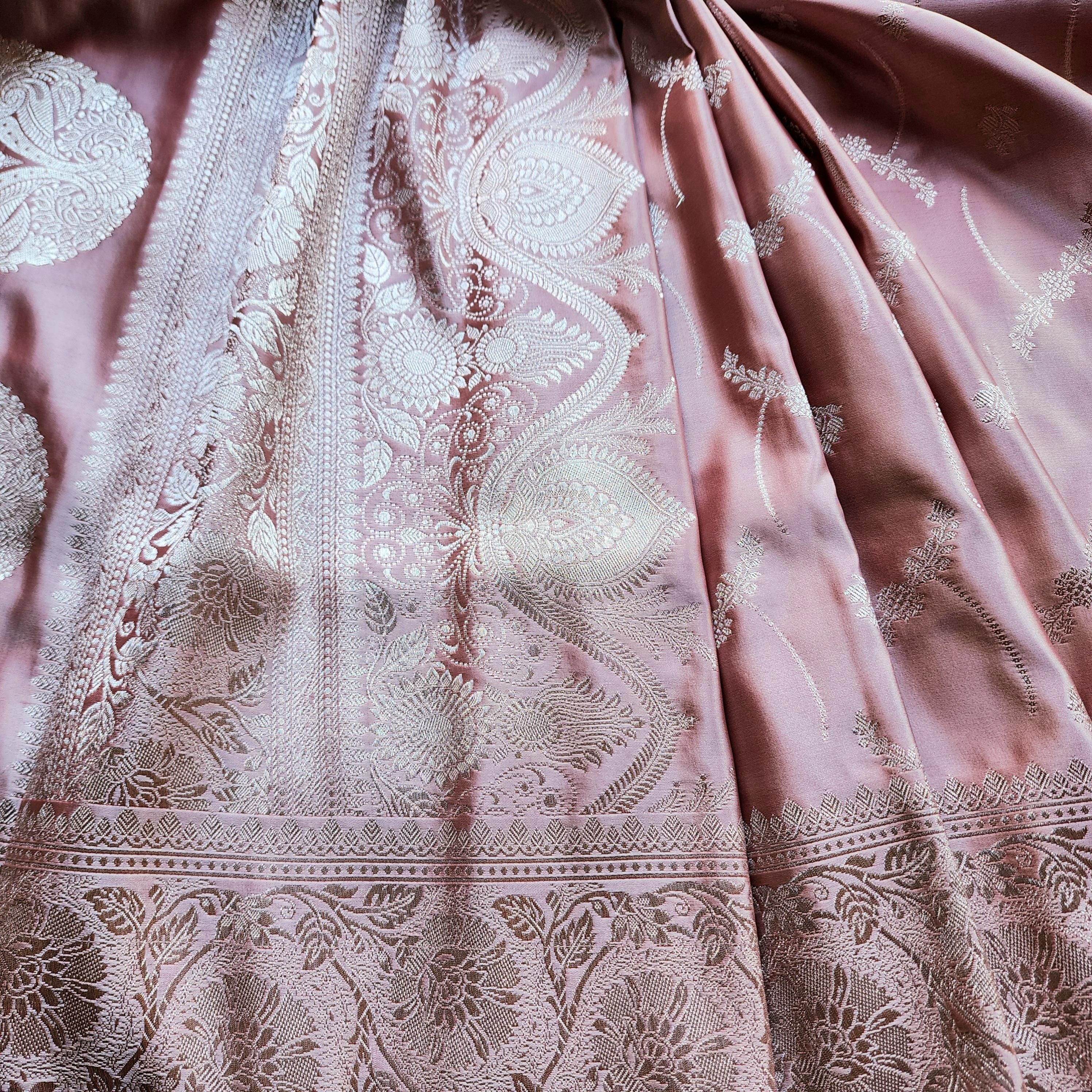 Dusty Rose Pink Pure Banarasi Katan Silk Saree with light Gold Zari Weaving