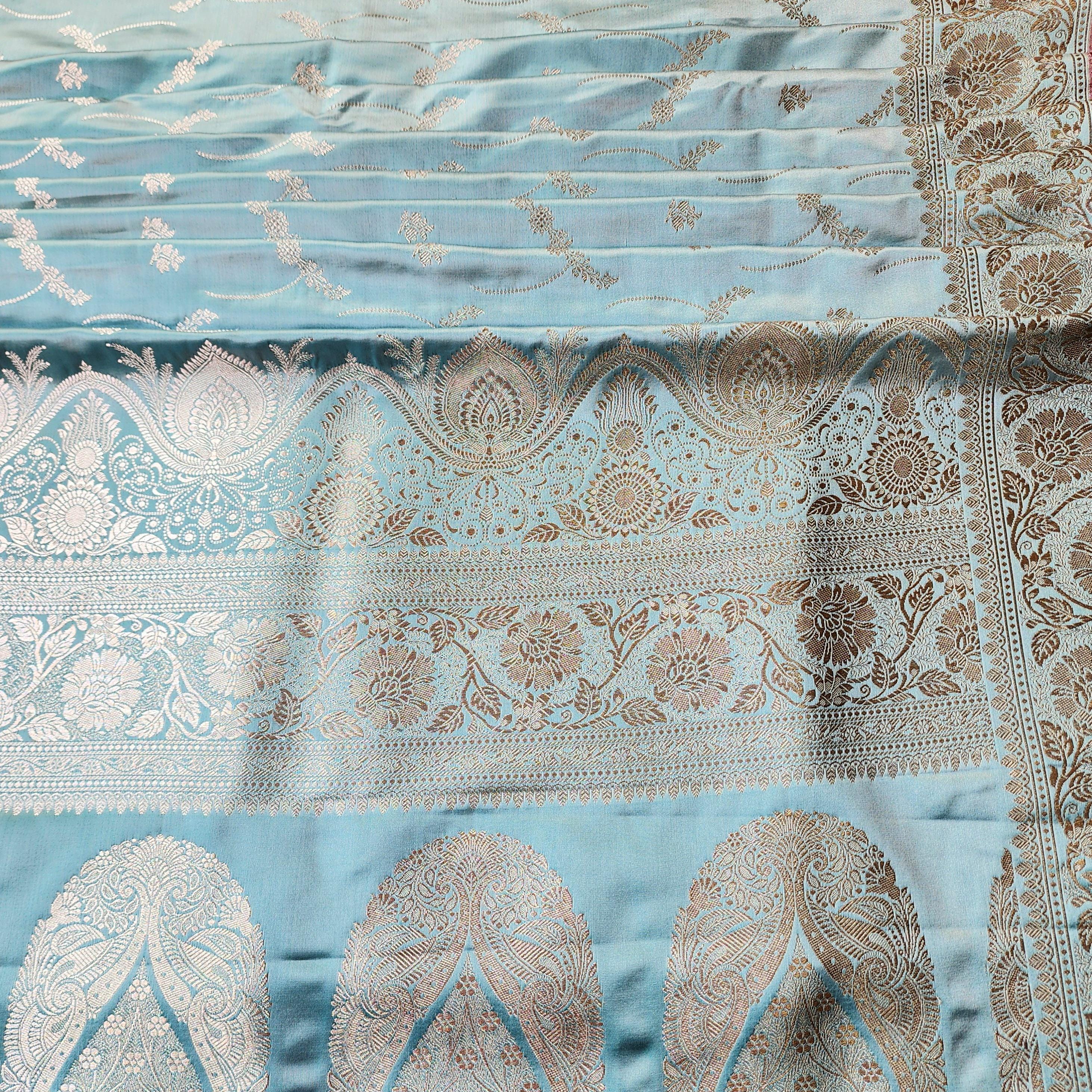 Pastel Aqua Blue Pure Banarasi Katan Silk Saree with Light Gold Zari Weaving