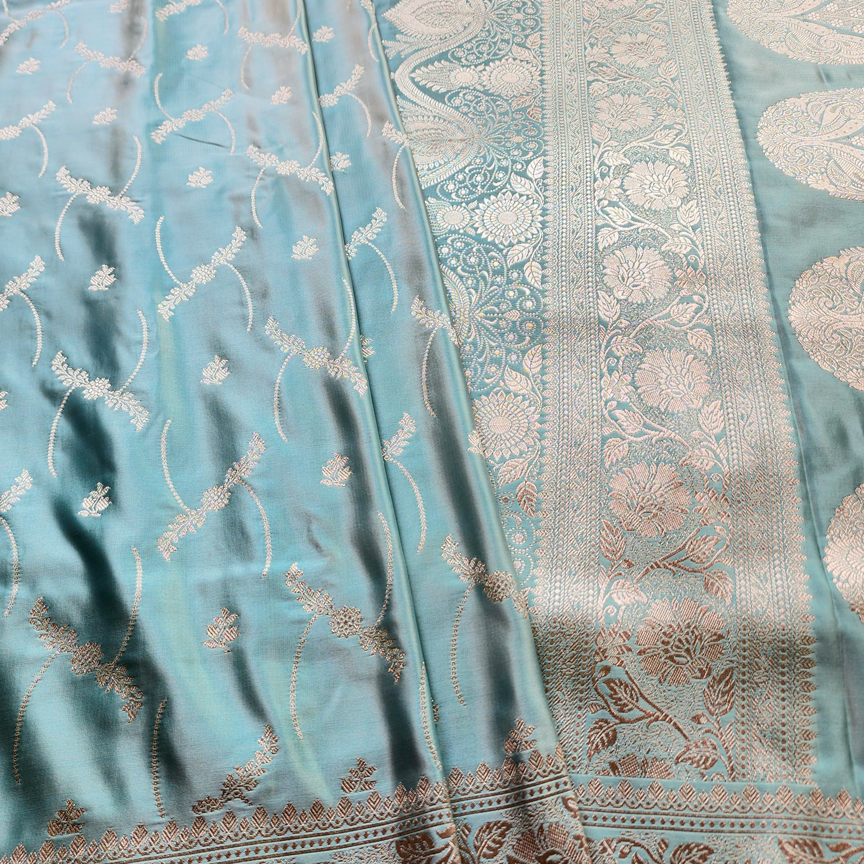 Pastel Aqua Blue Pure Banarasi Katan Silk Saree with Light Gold Zari Weaving