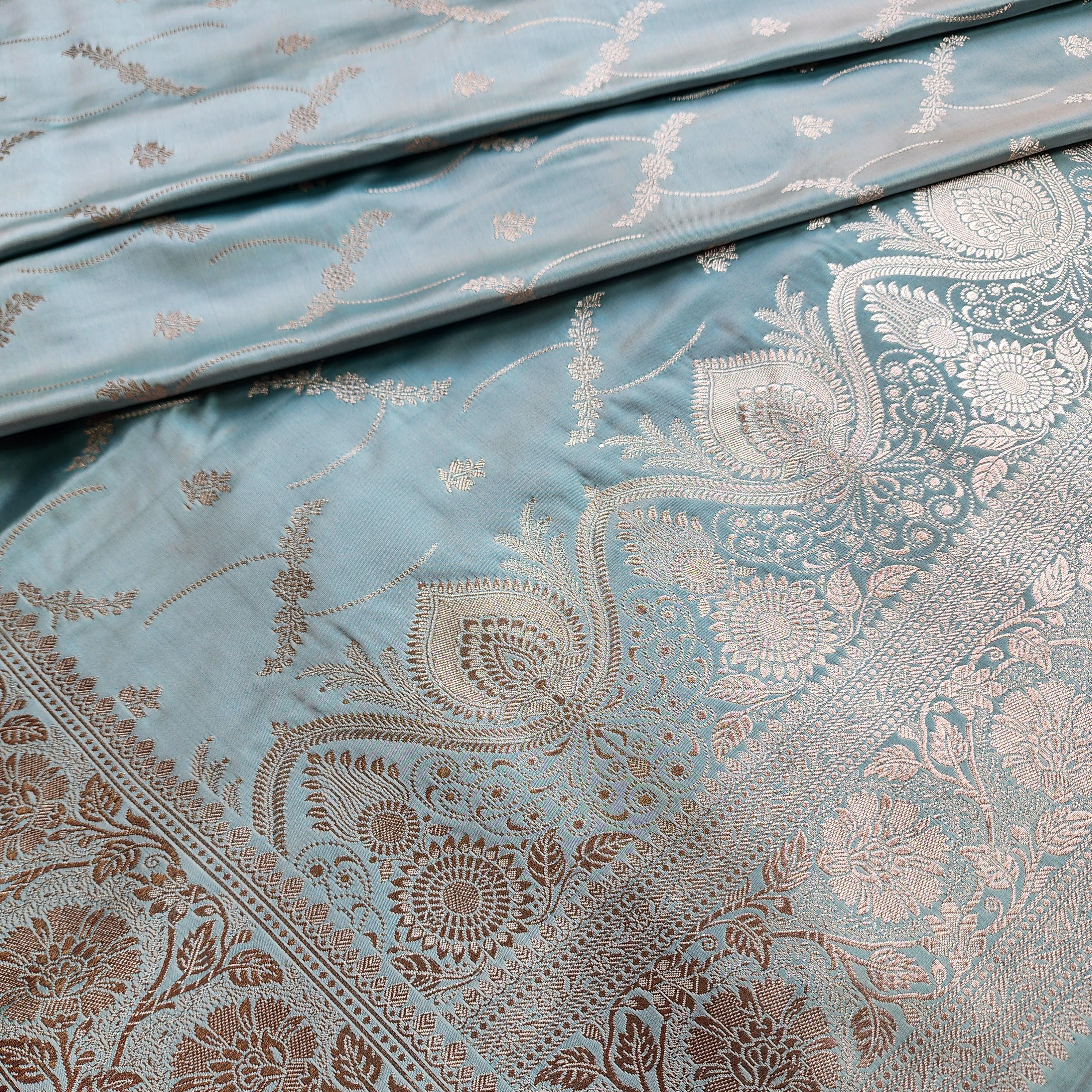 Pastel Aqua Blue Pure Banarasi Katan Silk Saree with Light Gold Zari Weaving