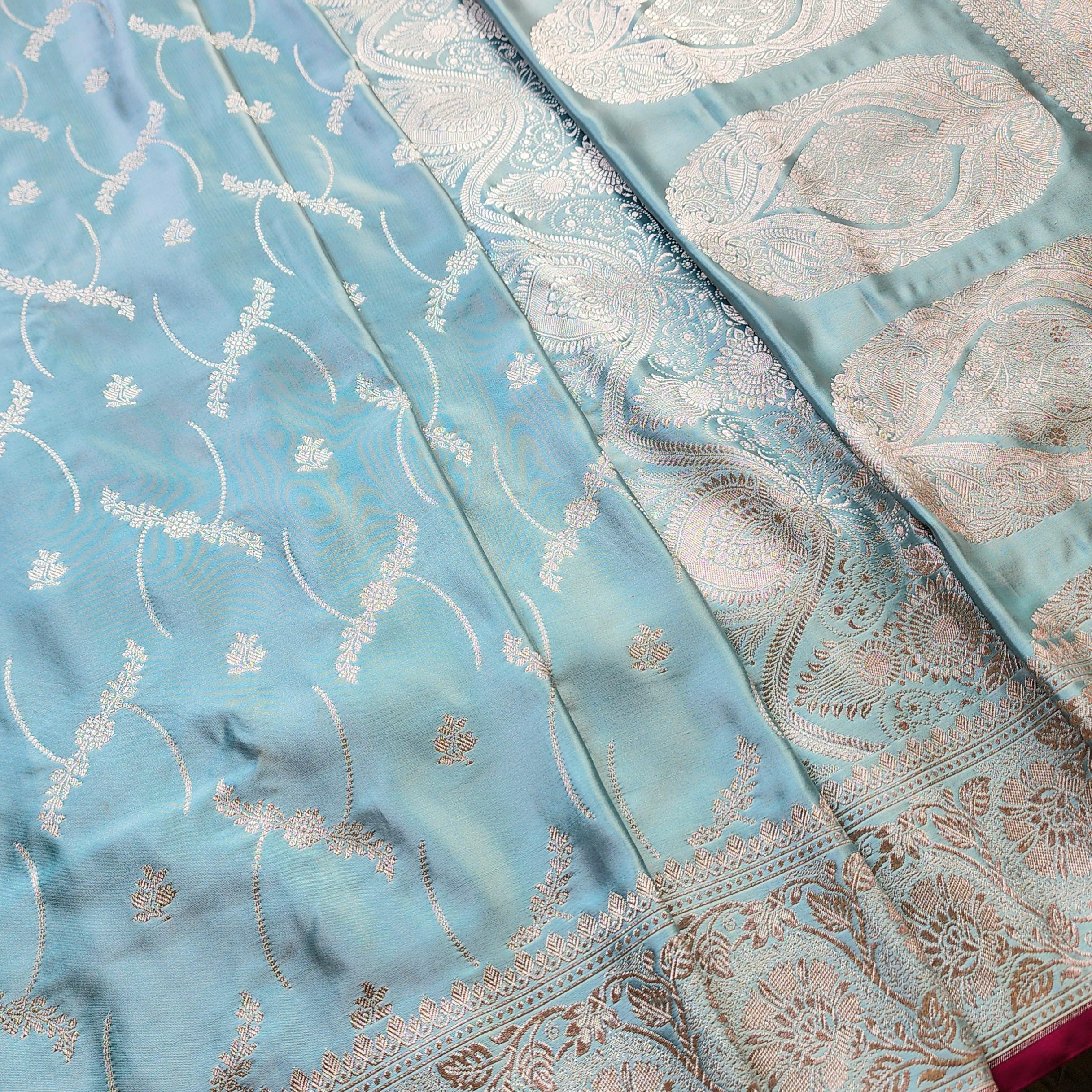 Pastel Aqua Blue Pure Banarasi Katan Silk Saree with Light Gold Zari Weaving