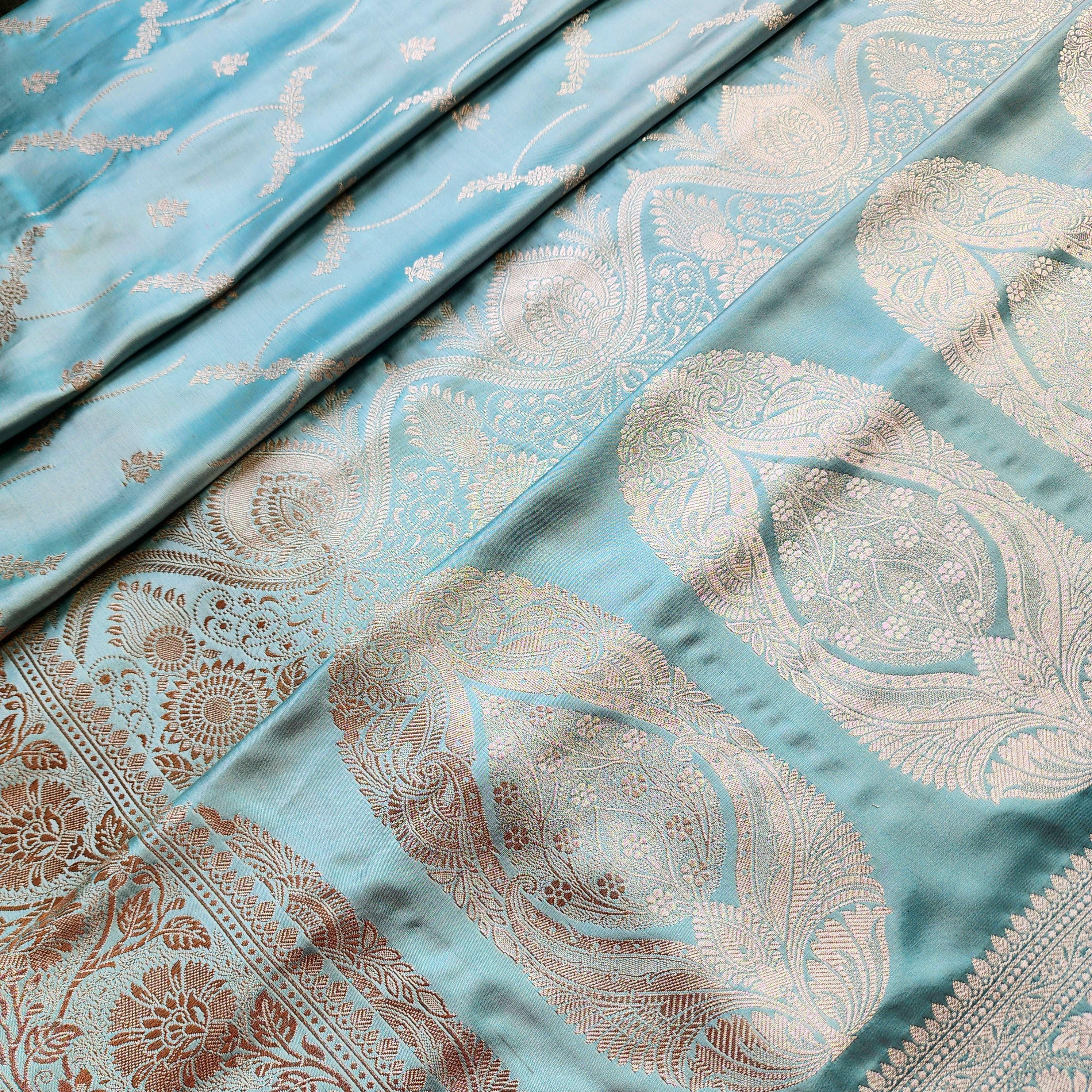 Pastel Aqua Blue Pure Banarasi Katan Silk Saree with Light Gold Zari Weaving