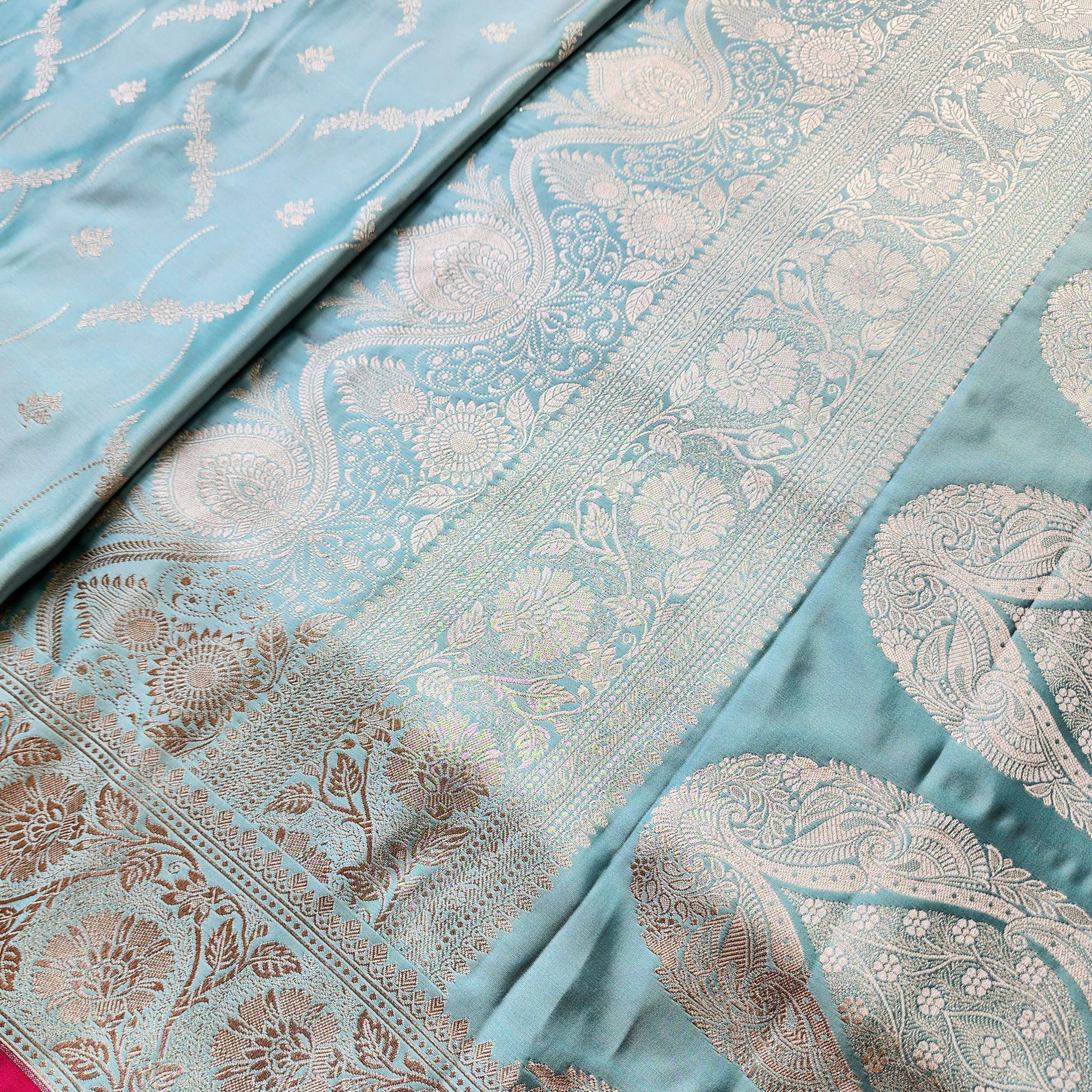 Pastel Aqua Blue Pure Banarasi Katan Silk Saree with Light Gold Zari Weaving