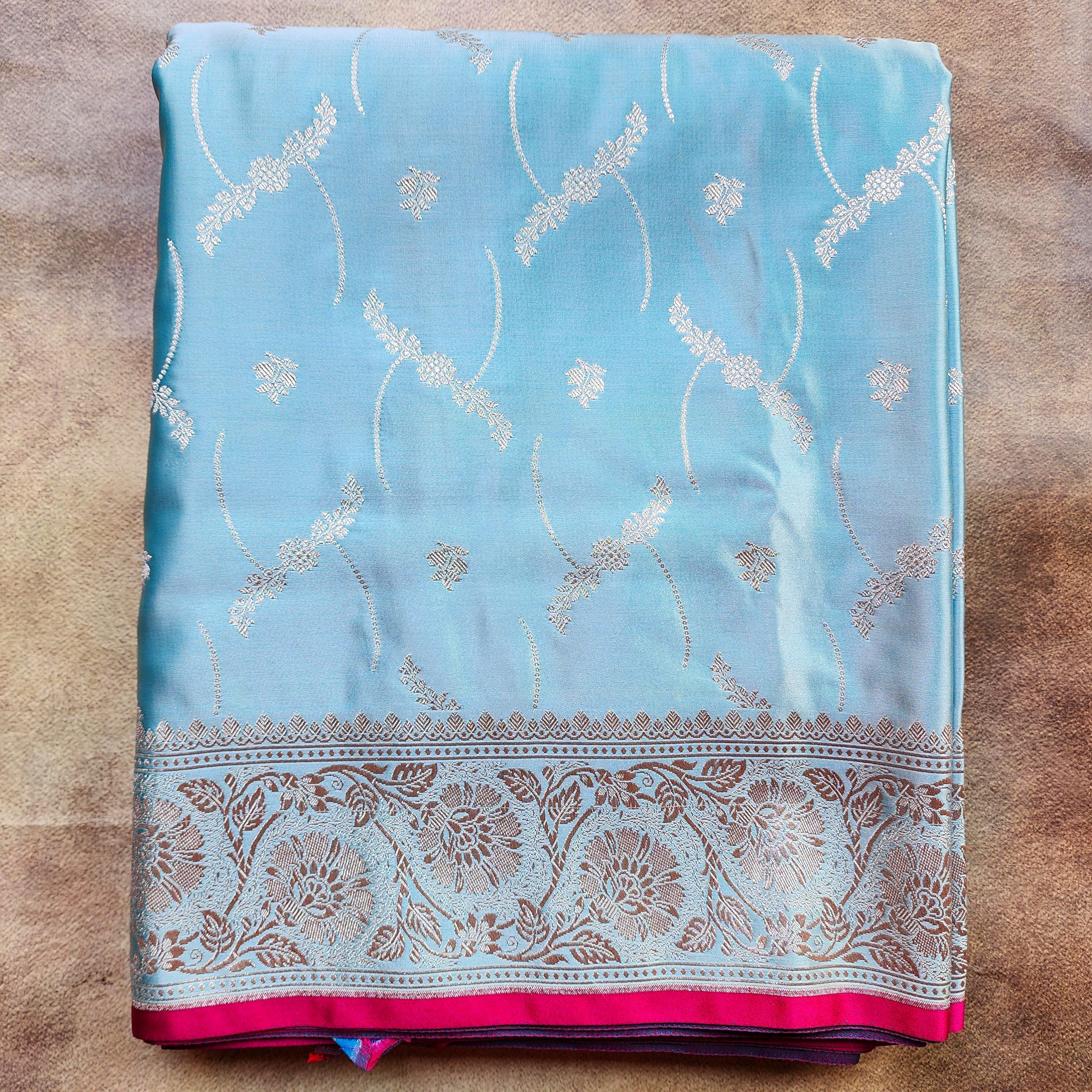 Pastel Aqua Blue Pure Banarasi Katan Silk Saree with Light Gold Zari Weaving