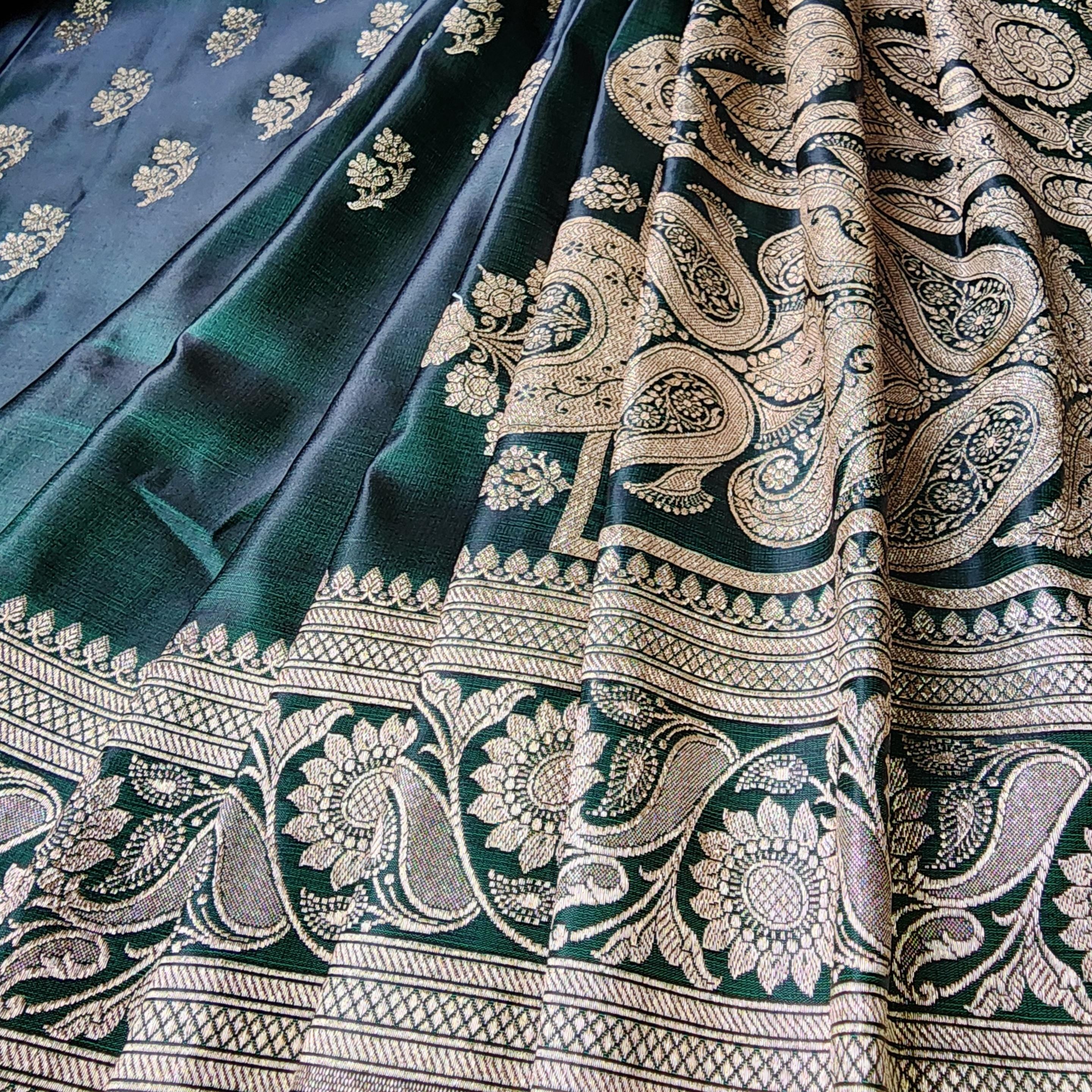 Deep Emerald Green Pure Banarasi Katan Silk Saree with light Gold Zari Weaving