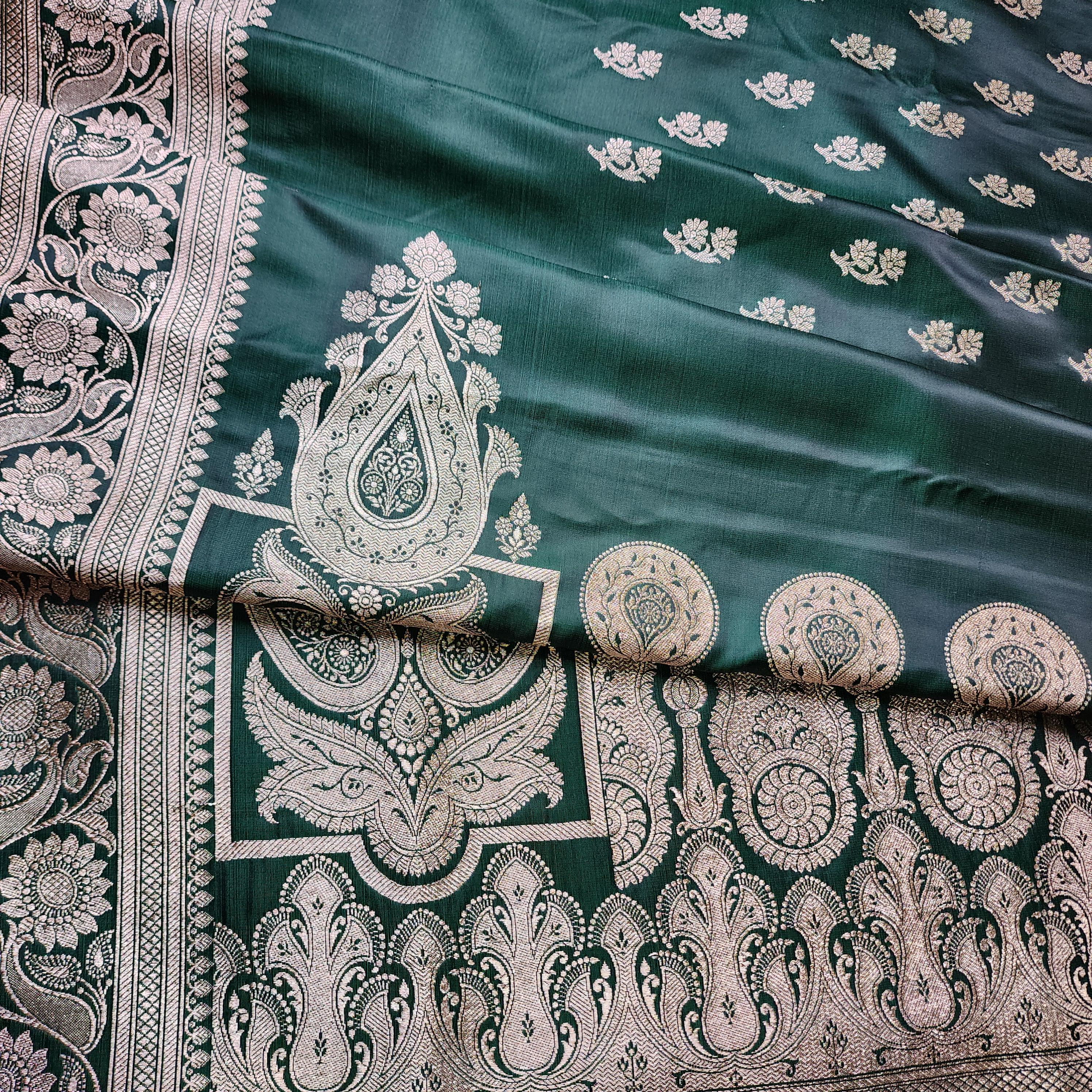 Deep Emerald Green Pure Banarasi Katan Silk Saree with light Gold Zari Weaving
