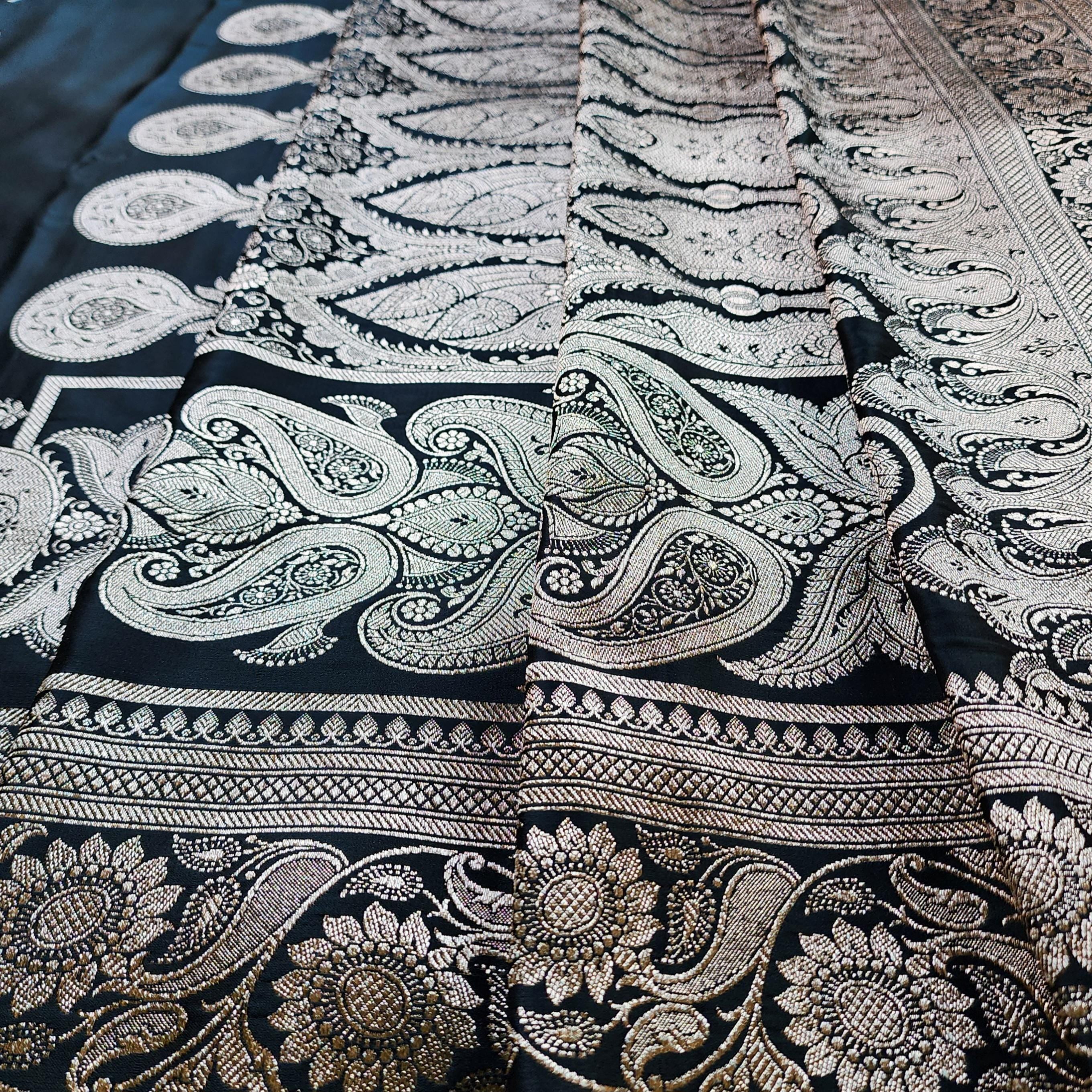 Mighty Black Pure Banarasi Katan Silk Saree with light Gold Zari Weaving