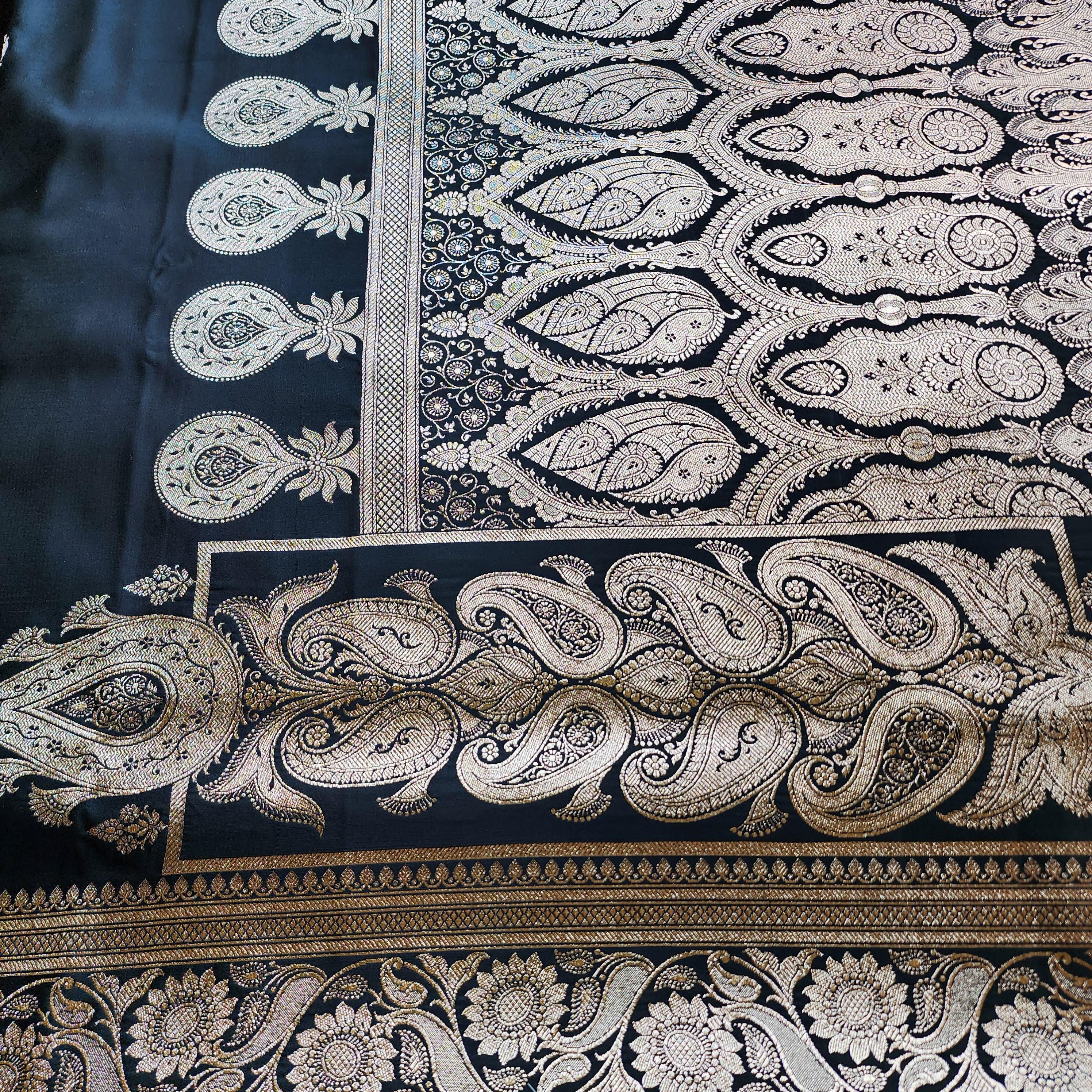 Mighty Black Pure Banarasi Katan Silk Saree with light Gold Zari Weaving