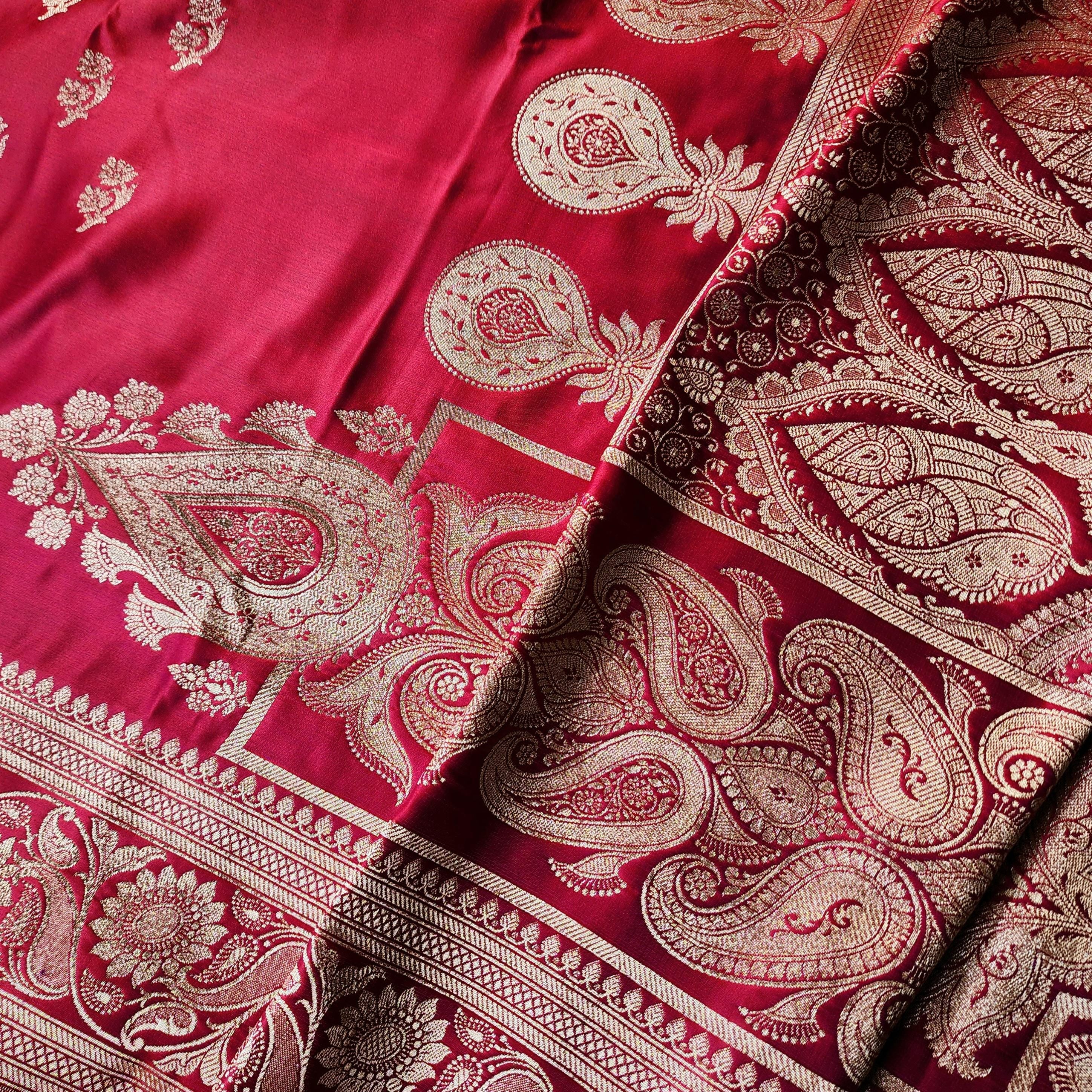 Bright Red Pure Banarasi Katan Silk Saree with light Gold Zari Weaving