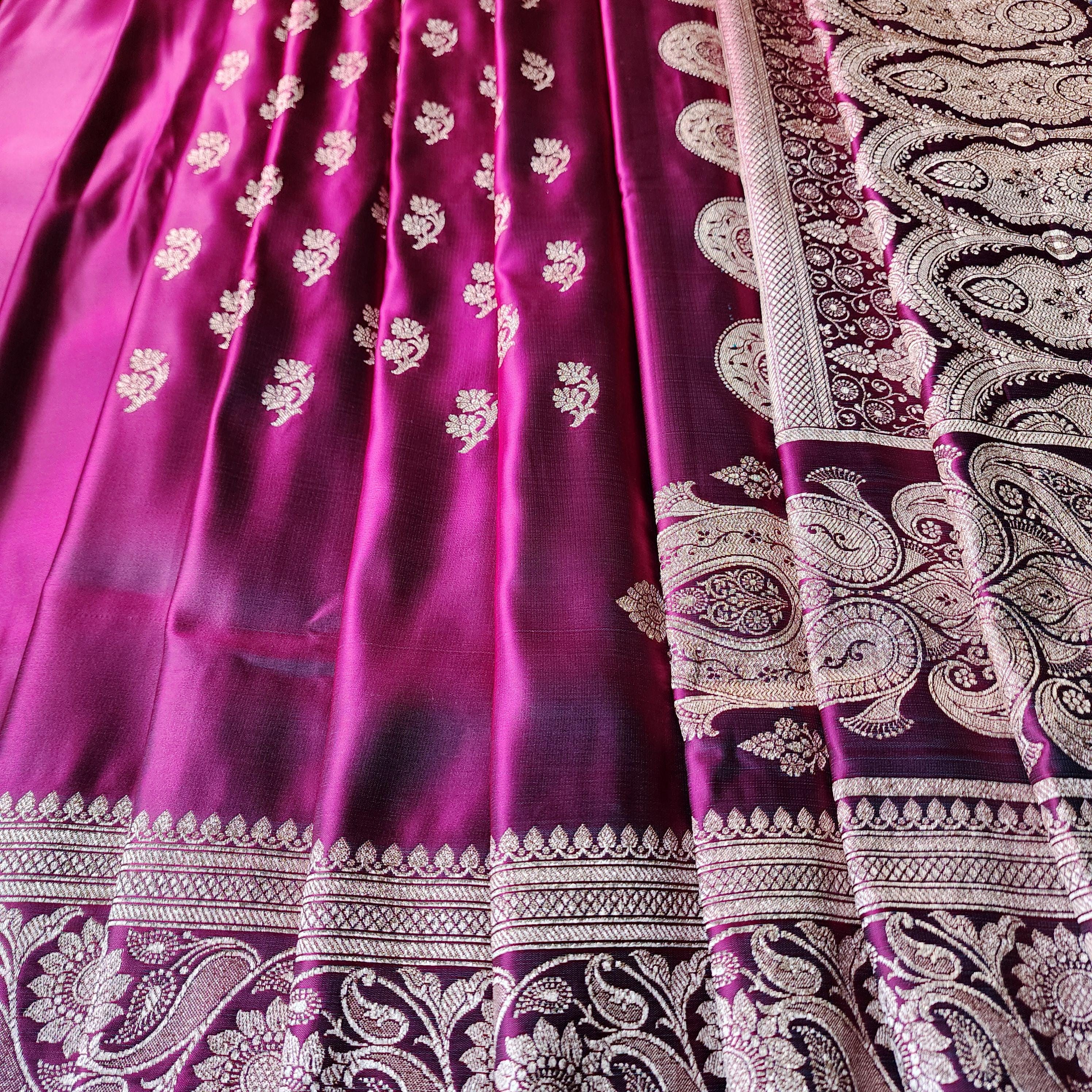 Hot Pink Pure Banarasi Katan Silk Saree with light Gold Zari Weaving