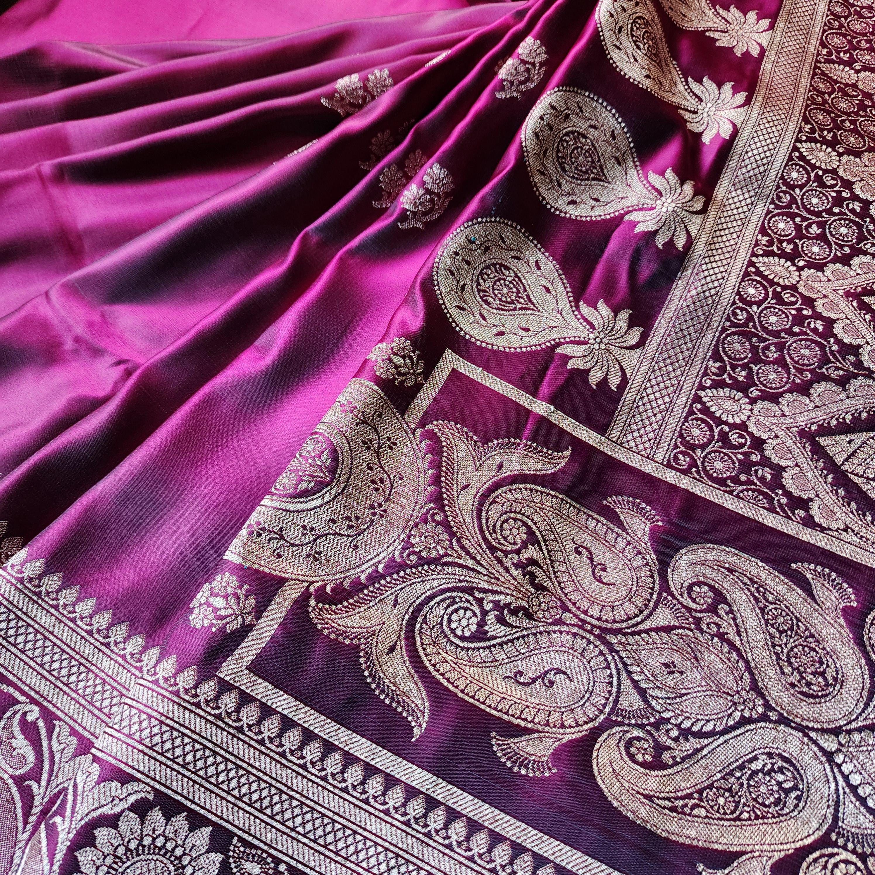 Hot Pink Pure Banarasi Katan Silk Saree with light Gold Zari Weaving