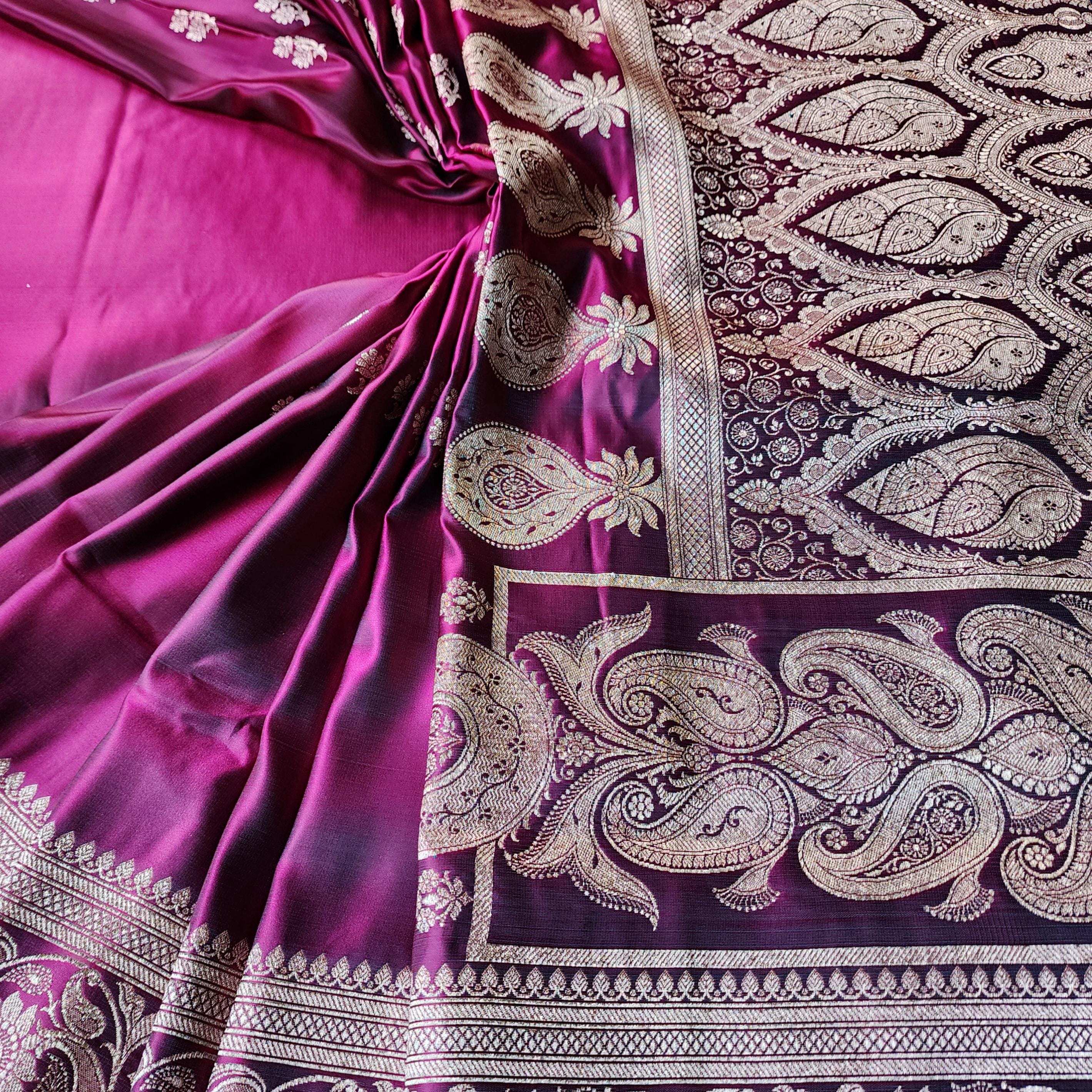 Hot Pink Pure Banarasi Katan Silk Saree with light Gold Zari Weaving