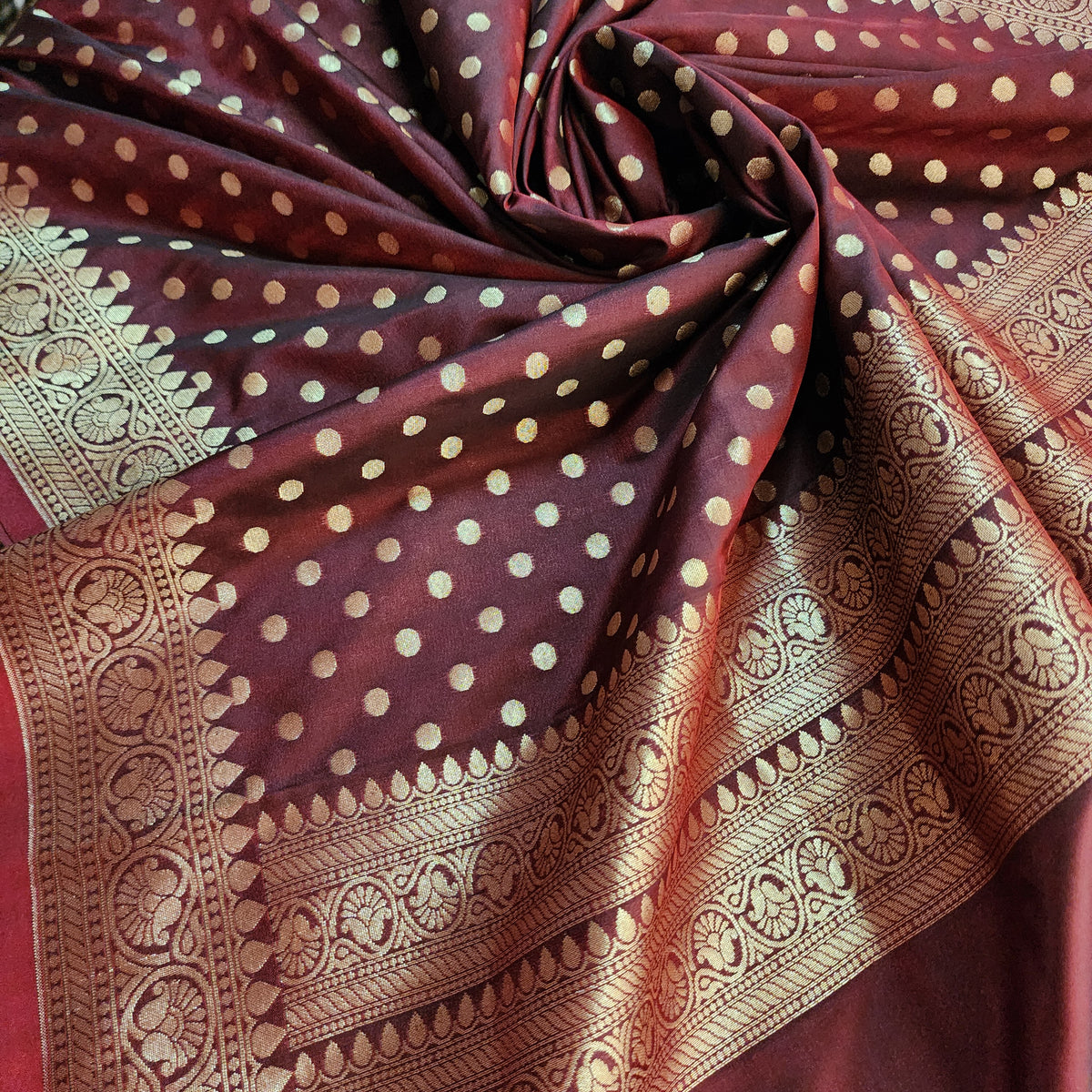 Burgundy Banarasi Silk Dupatta with Gold Polka Dot