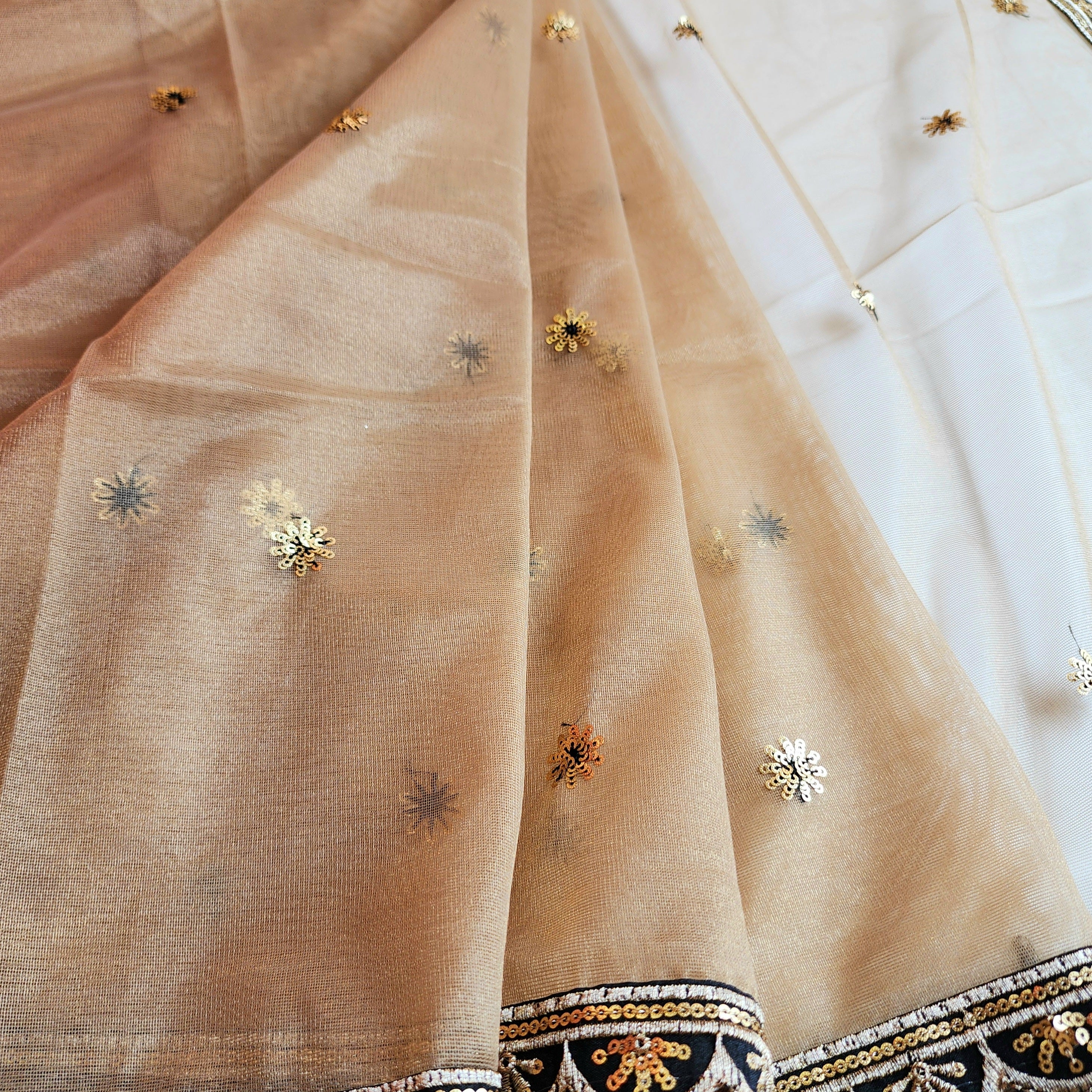 Beige Designer Net Saree with Heavy Embroidery Cut Work Border