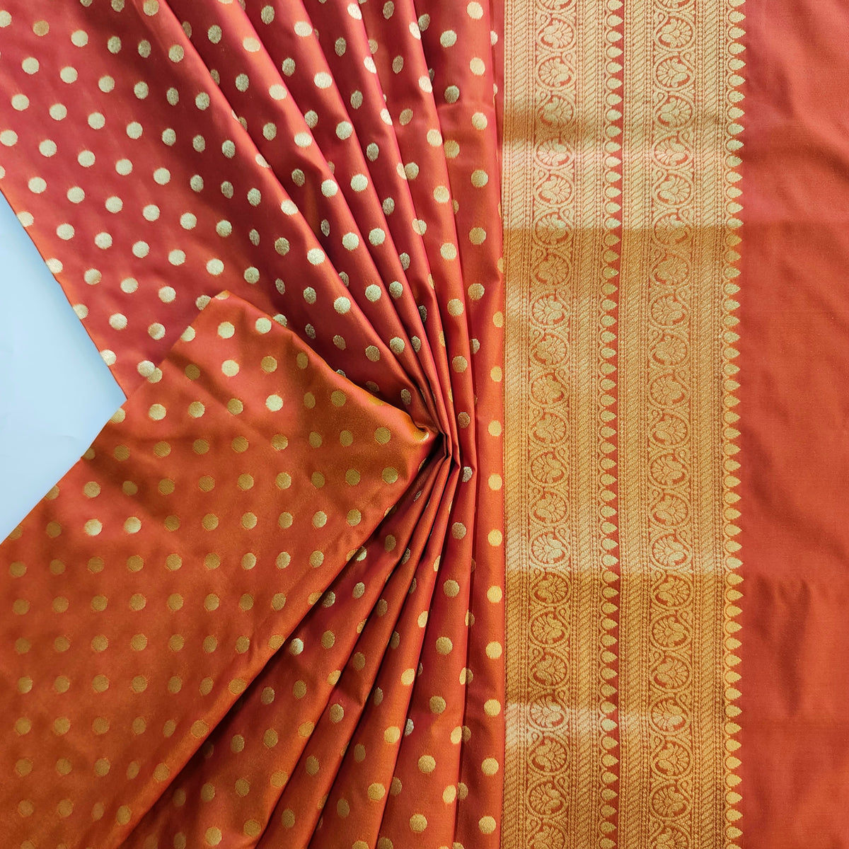 Peach Orange Banarasi Silk Dupatta with Gold Polka Dot