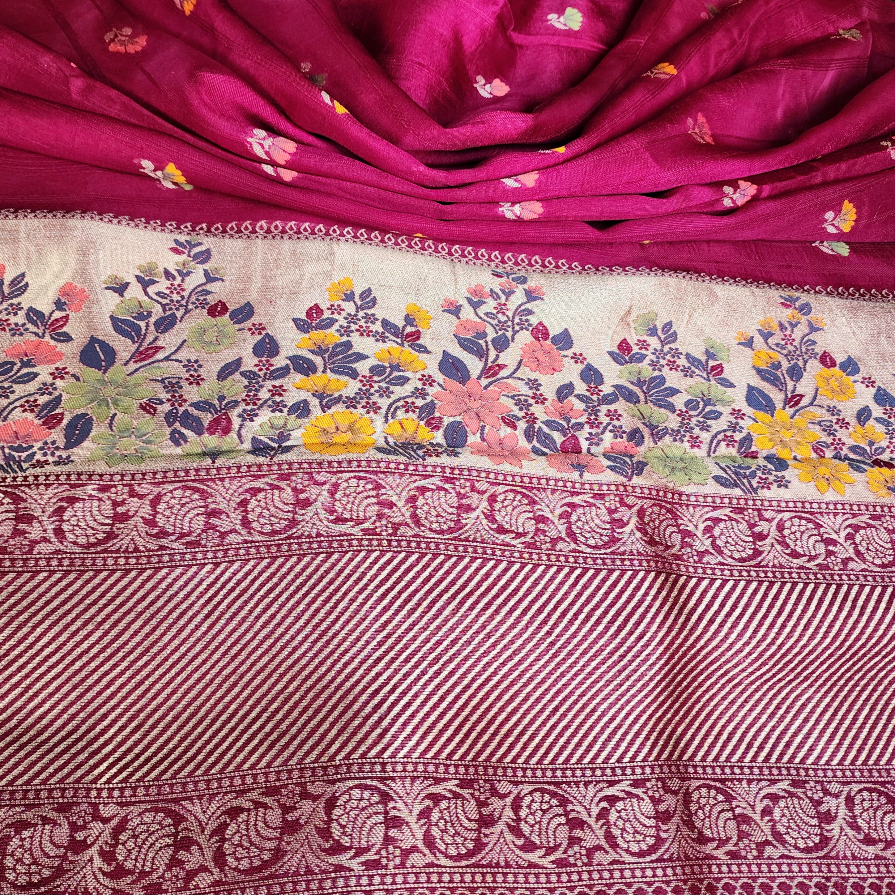 Soft Wine Raw Silk Saree With Pastel Floral Weaving and Off White Border