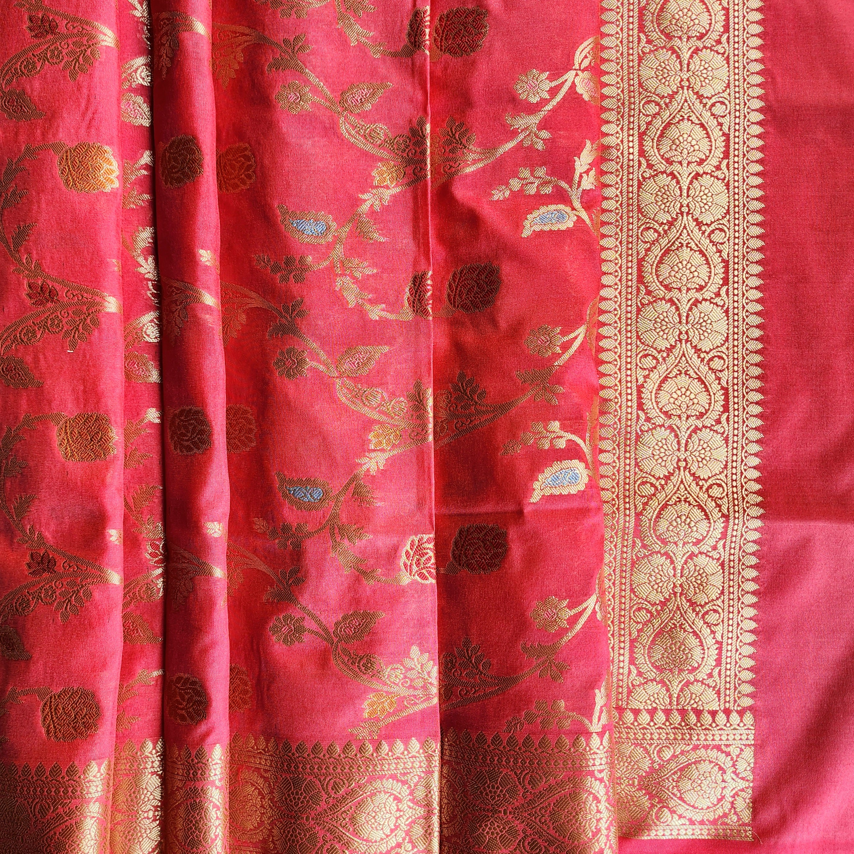 Rani Pink Banarasi Silk Dupatta with Gold Zari Border & Multicolor Meenakari Work