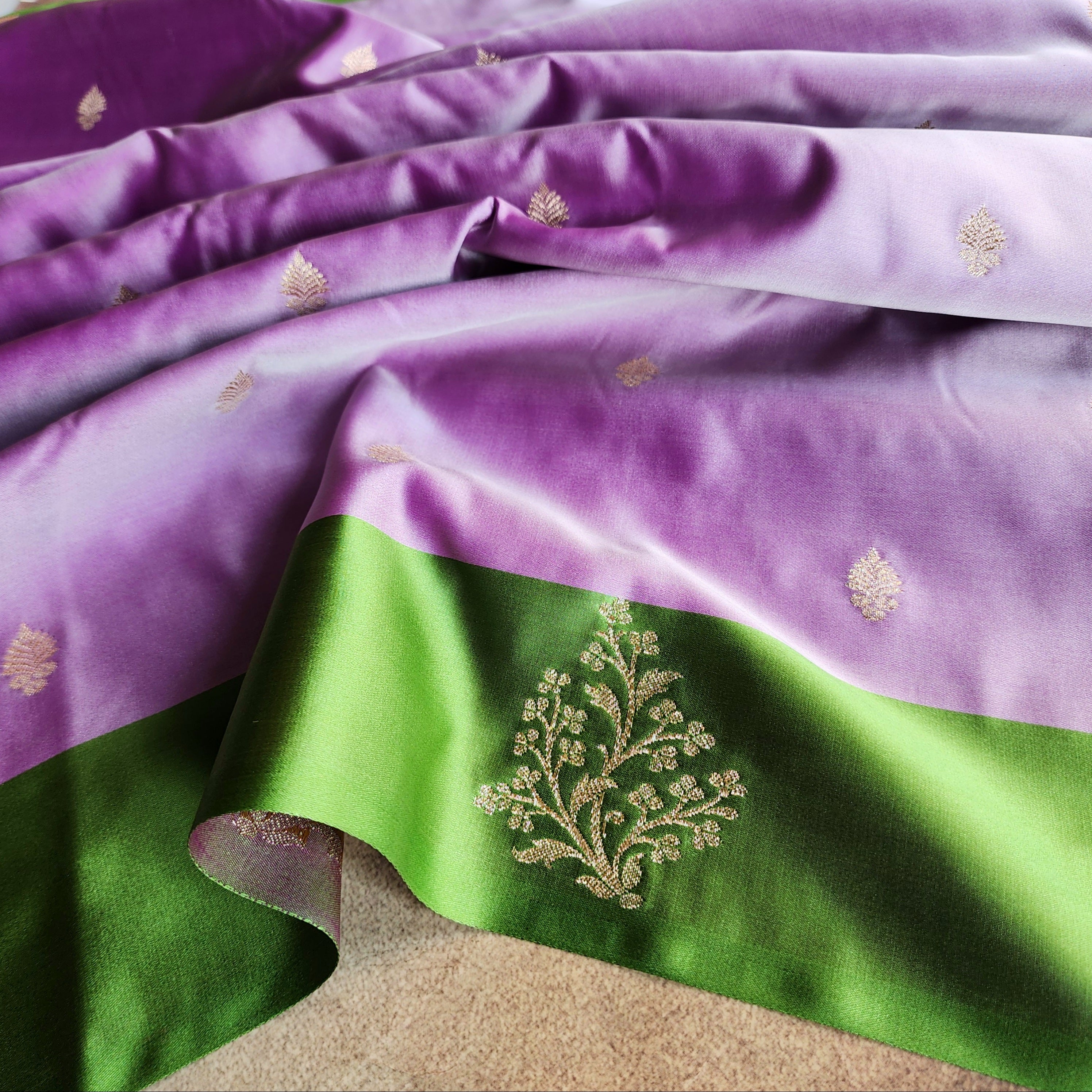 Lavender Katan Silk Saree with Parrot Green Gold Zari Border