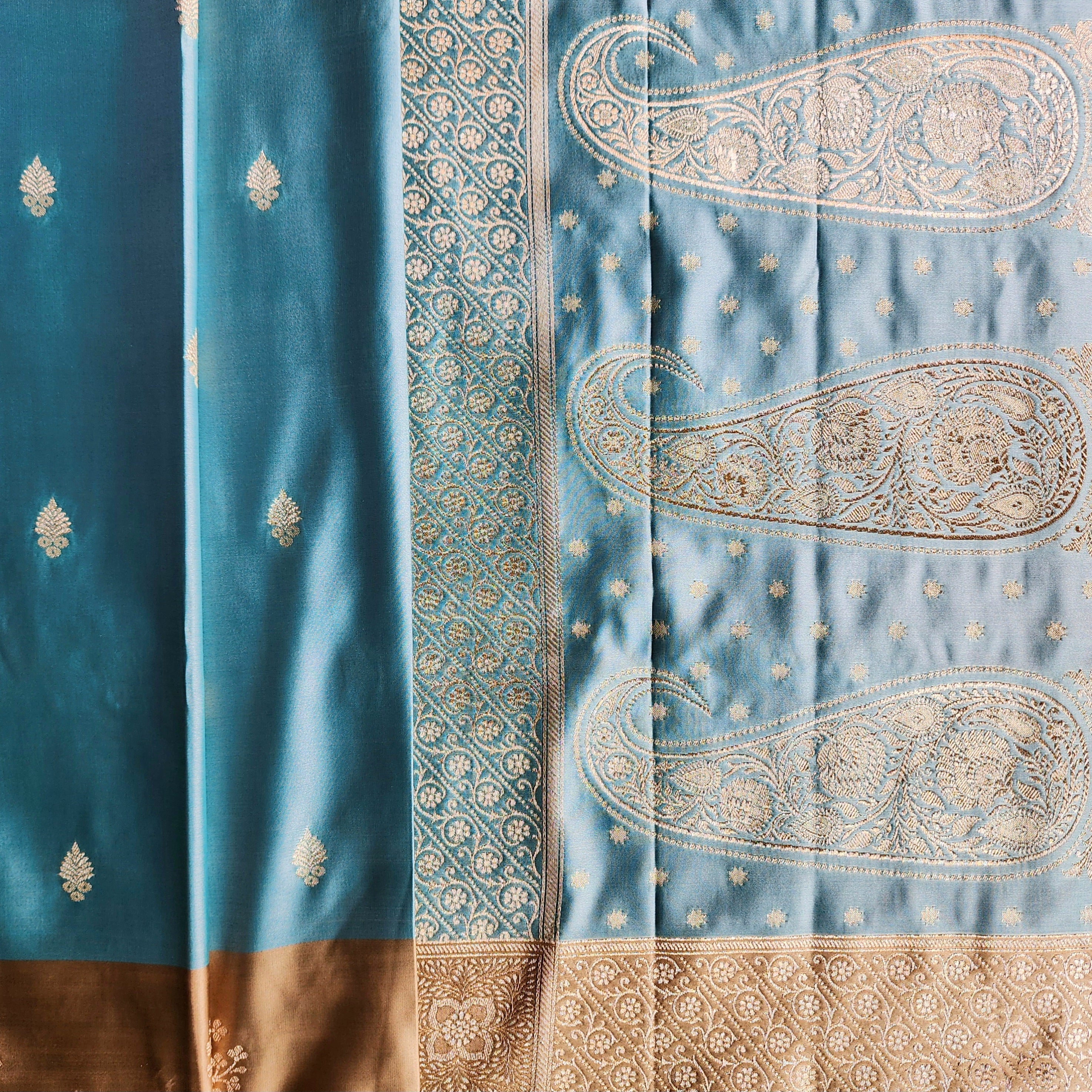 Blue Katan Silk Saree with Beige Gold Zari Border