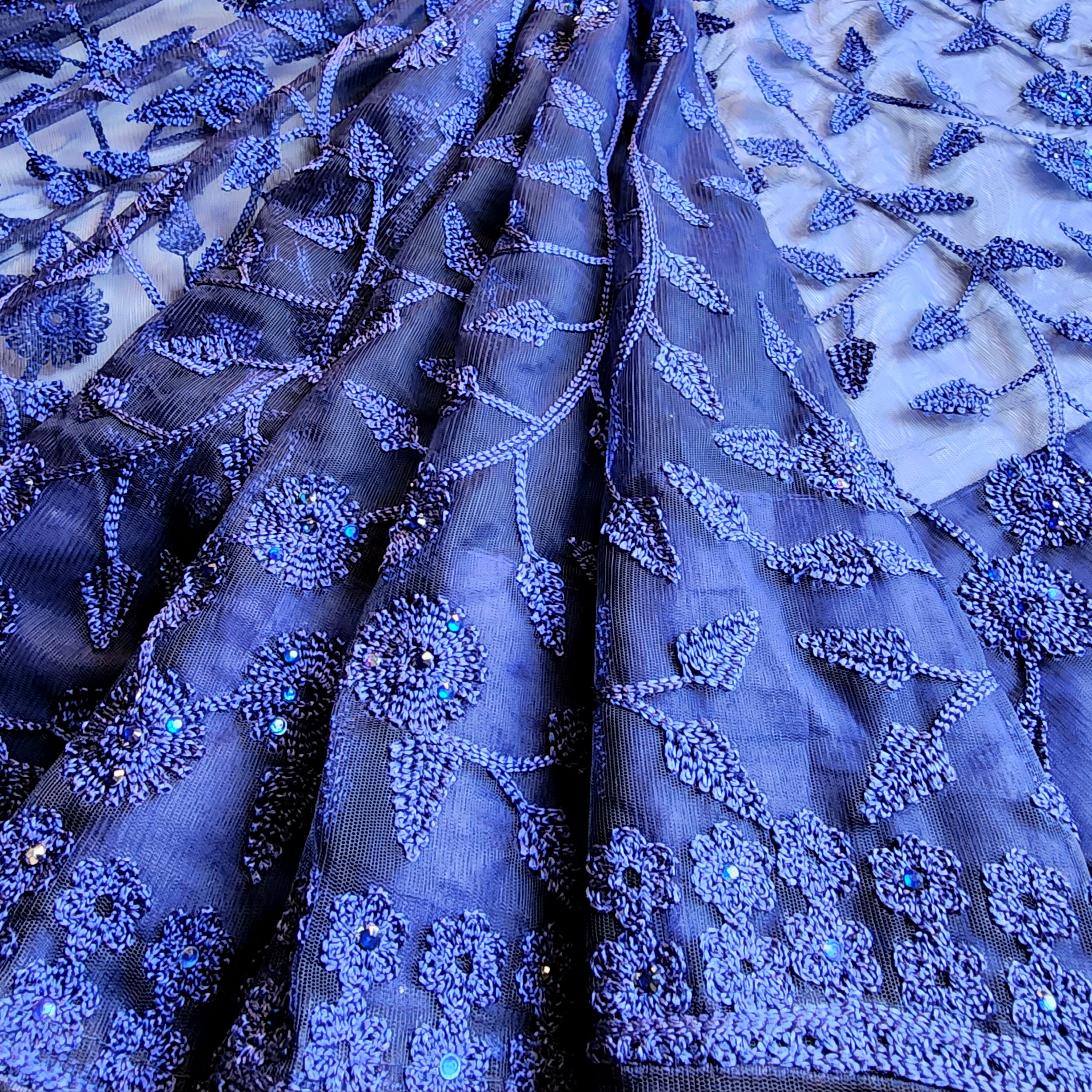 Embroidered Net Designer Saree in Dark Blue