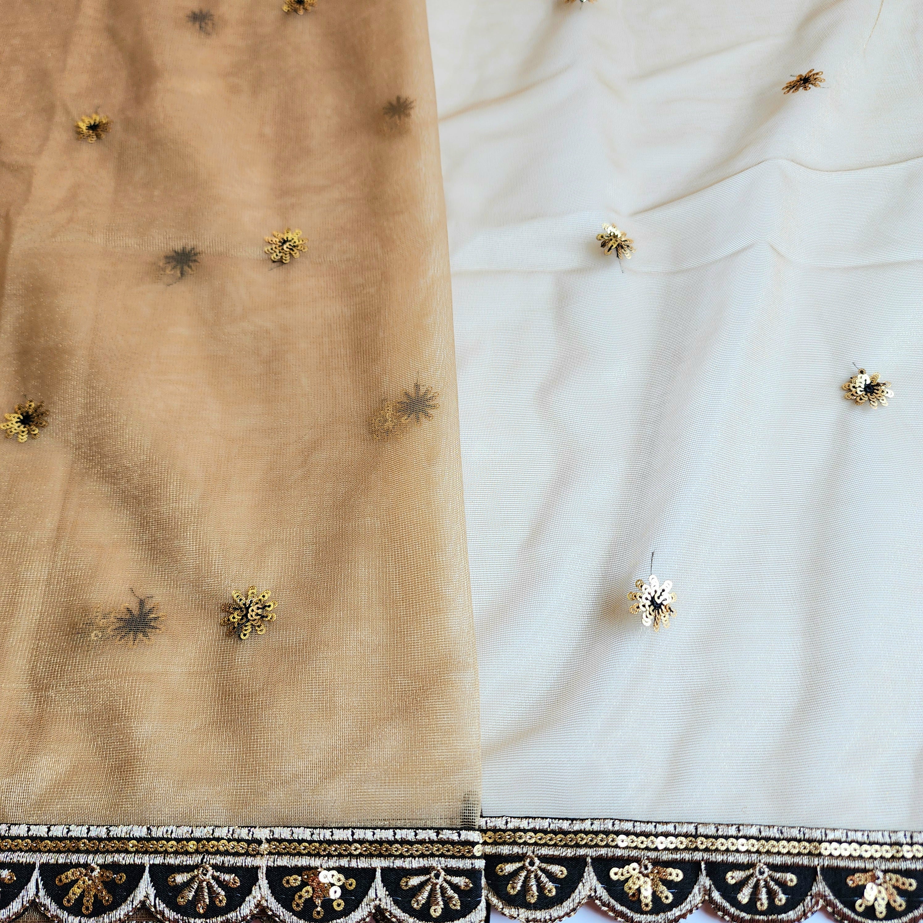 Beige Designer Net Saree with Heavy Embroidery Cut Work Border