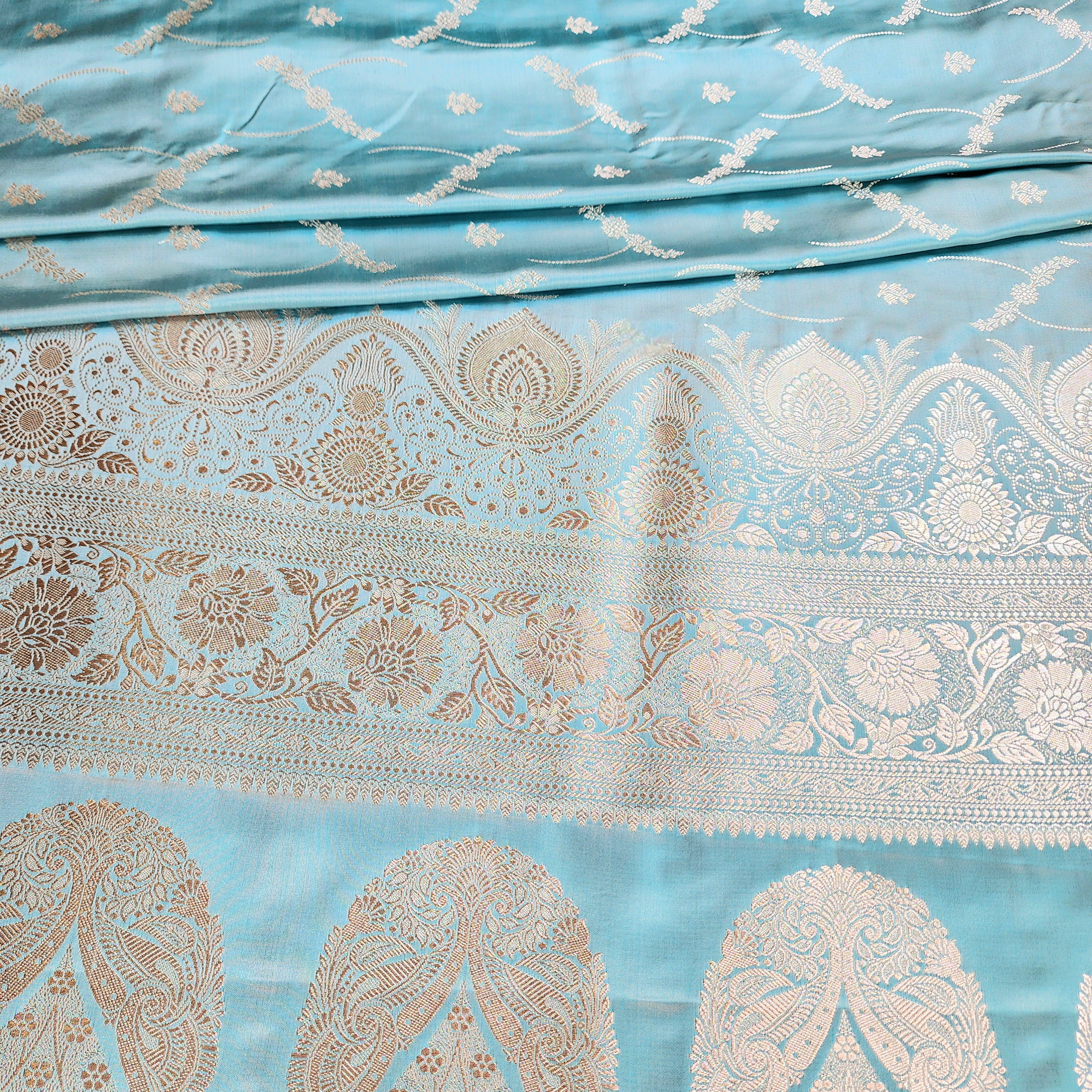 Pastel Sky Blue Banarasi Katan Silk Saree with Light Gold Zari weaving