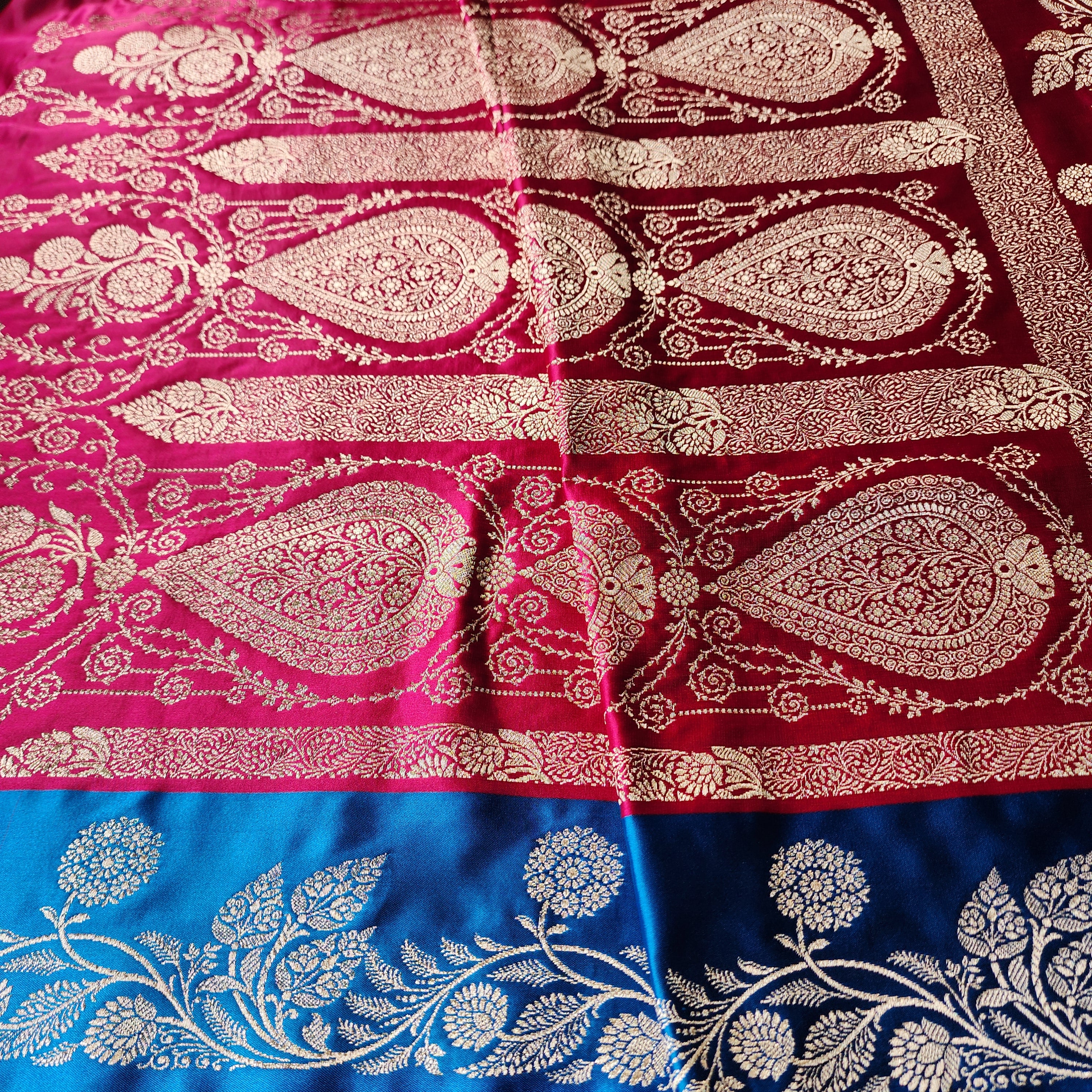 Rani Red Pure Banarasi Katan Silk Saree with Cobalt Blue Border