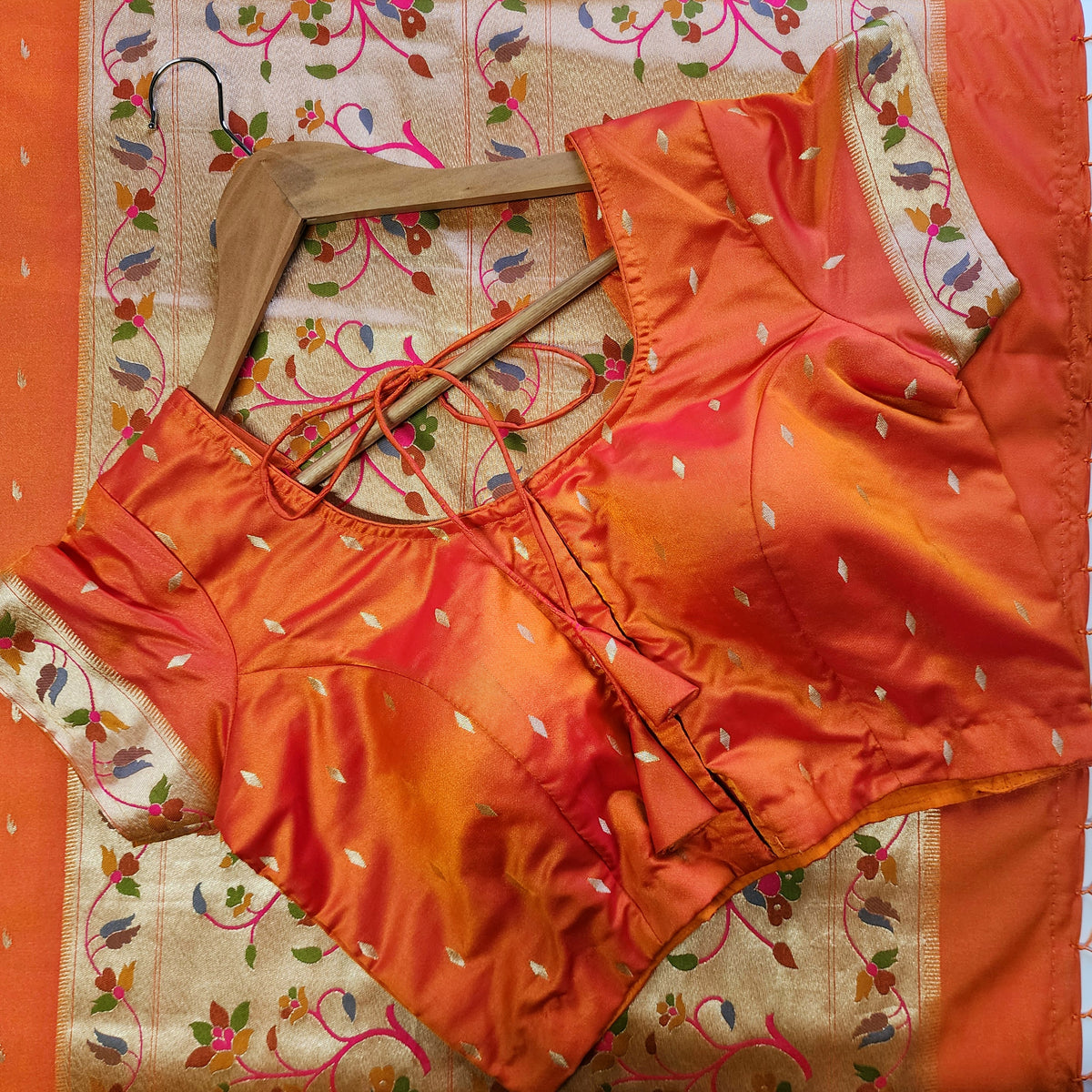 Raahi - Bright Orange Paithani Silk Saree with Stitched Blouse
